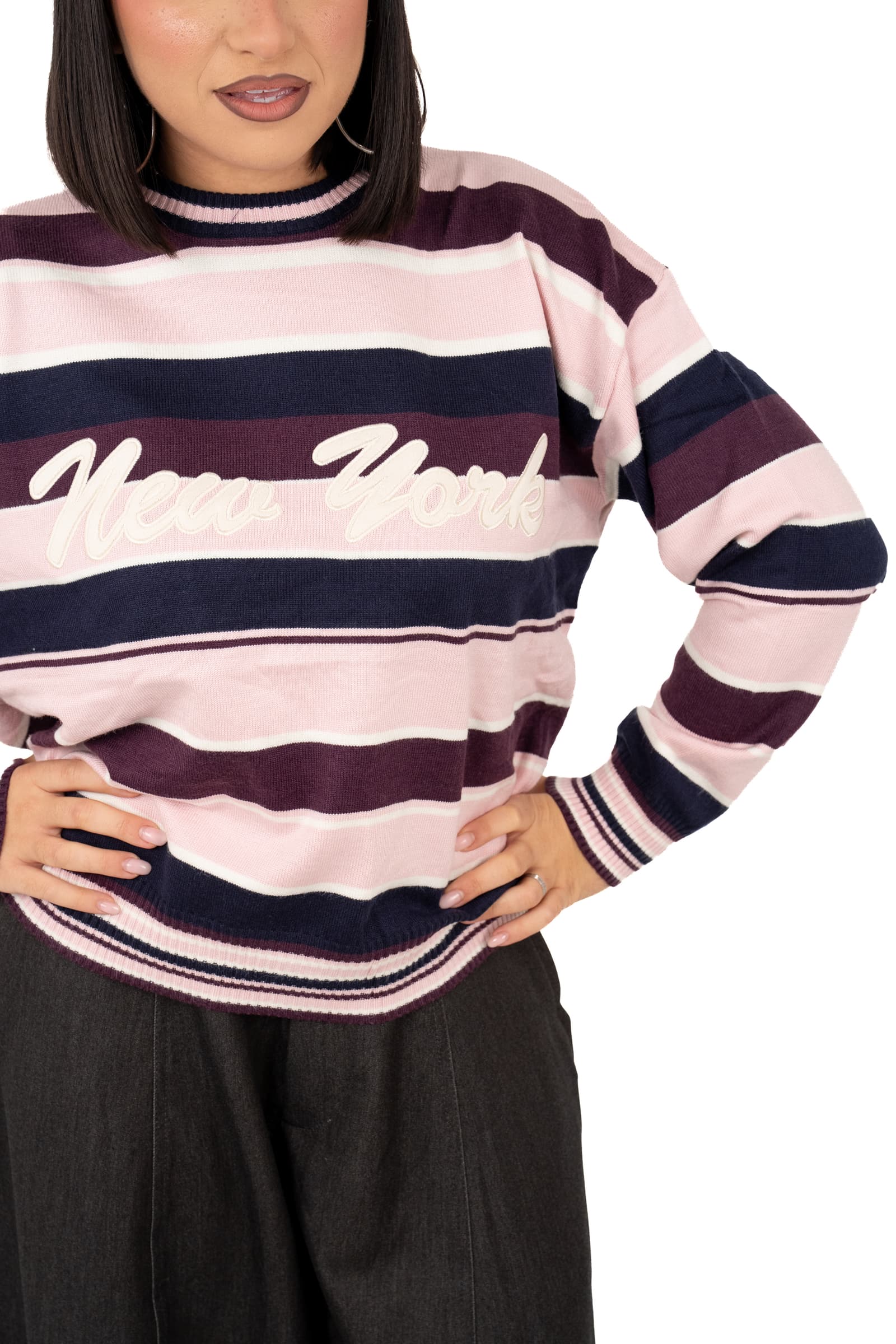 MAGLIONE NEW YORK ROSA/BORDEAUX A RIGHE TAGLIA UNICA