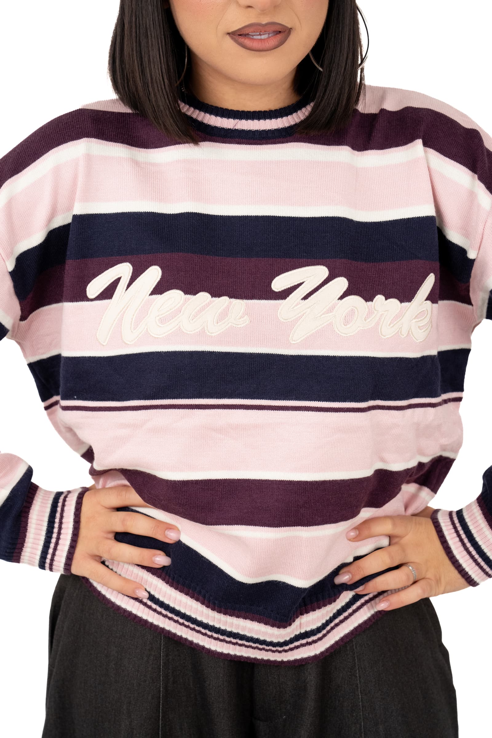 MAGLIONE NEW YORK ROSA/BORDEAUX A RIGHE TAGLIA UNICA