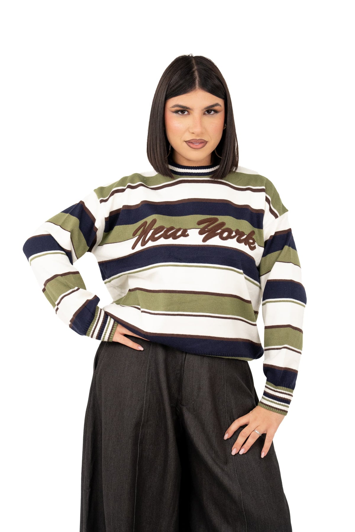 MAGLIONE NEW YORK BLU/VERDE A RIGHE TAGLIA UNICA