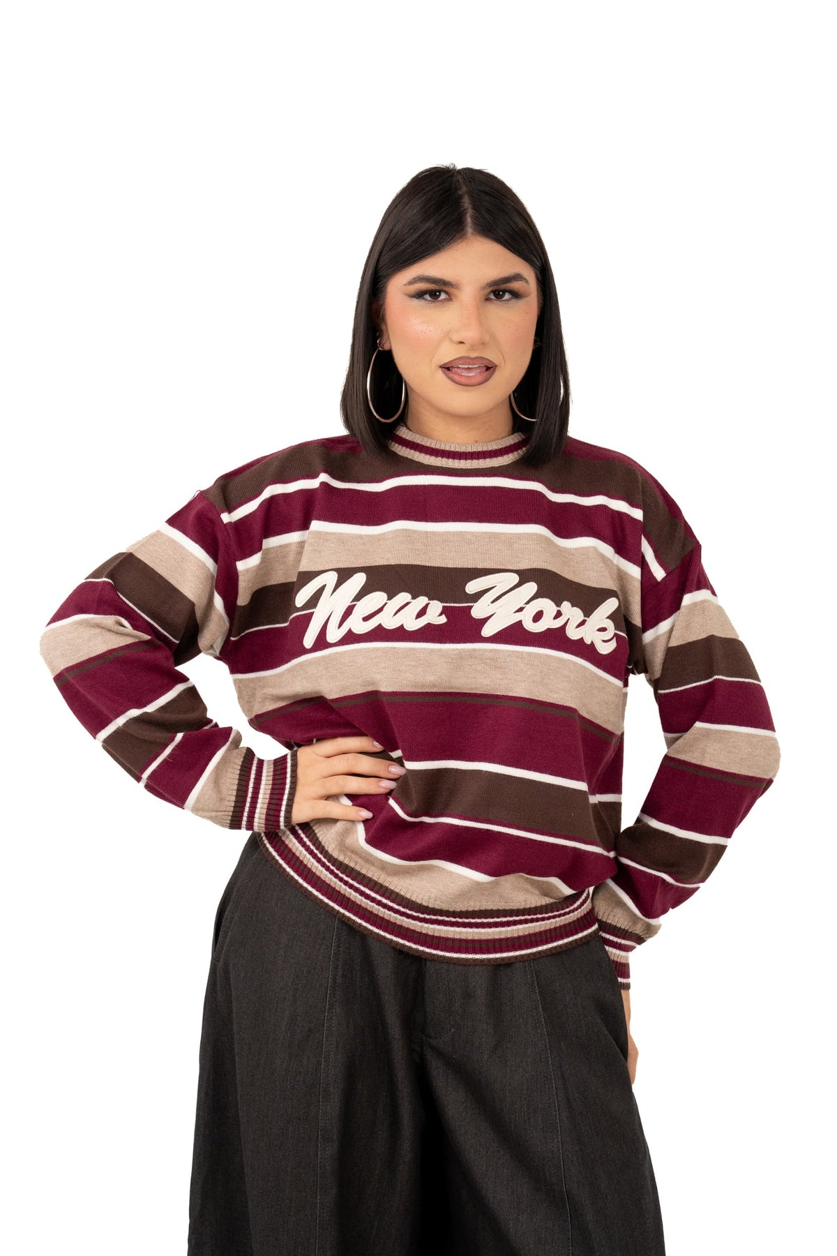 MAGLIONE NEW YORK BORGOGNA/TORTORA A RIGHE TAGLIA UNICA