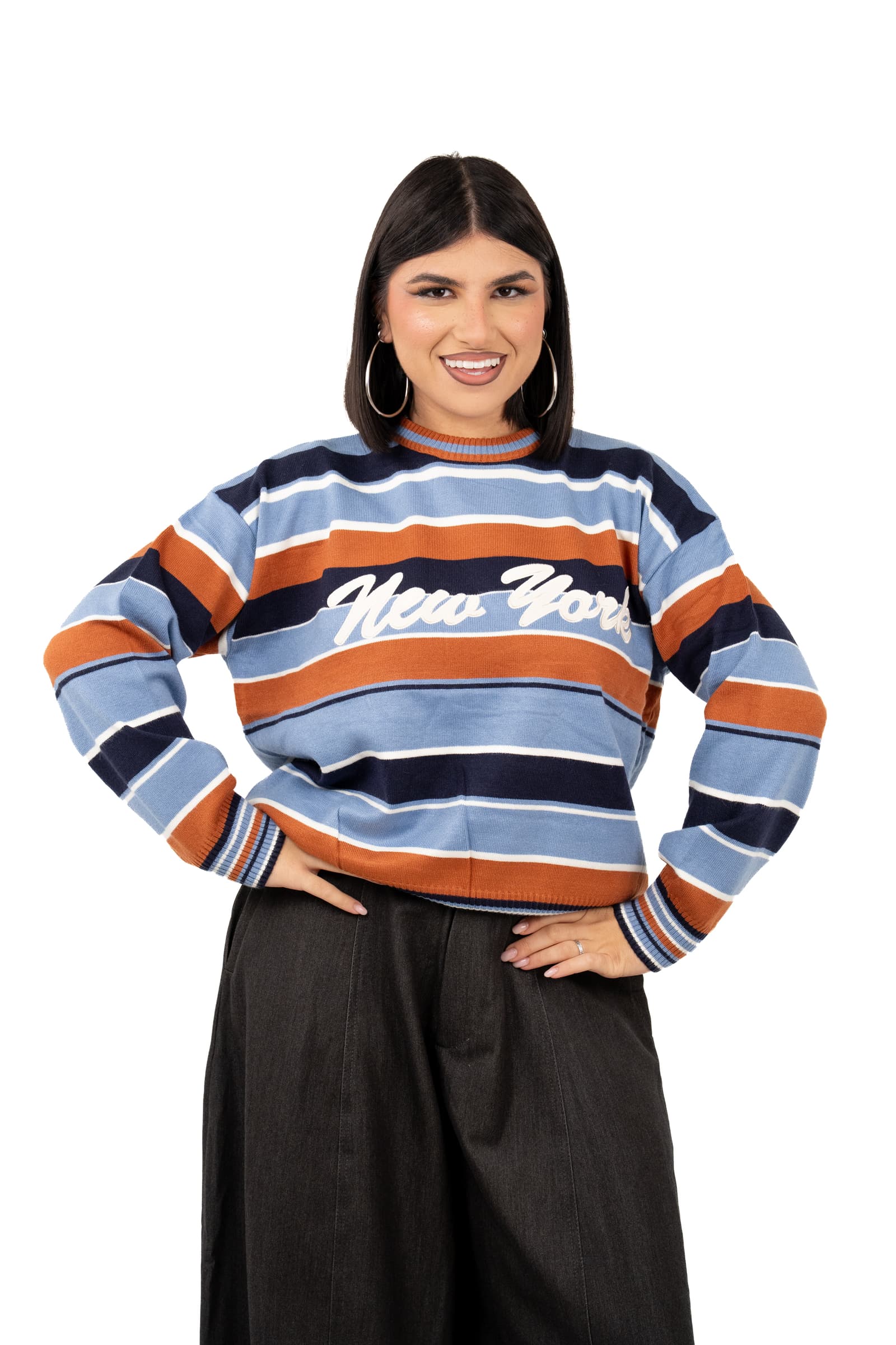MAGLIONE NEW YORK ARANCIO/CELESTE A RIGHE TAGLIA UNICA