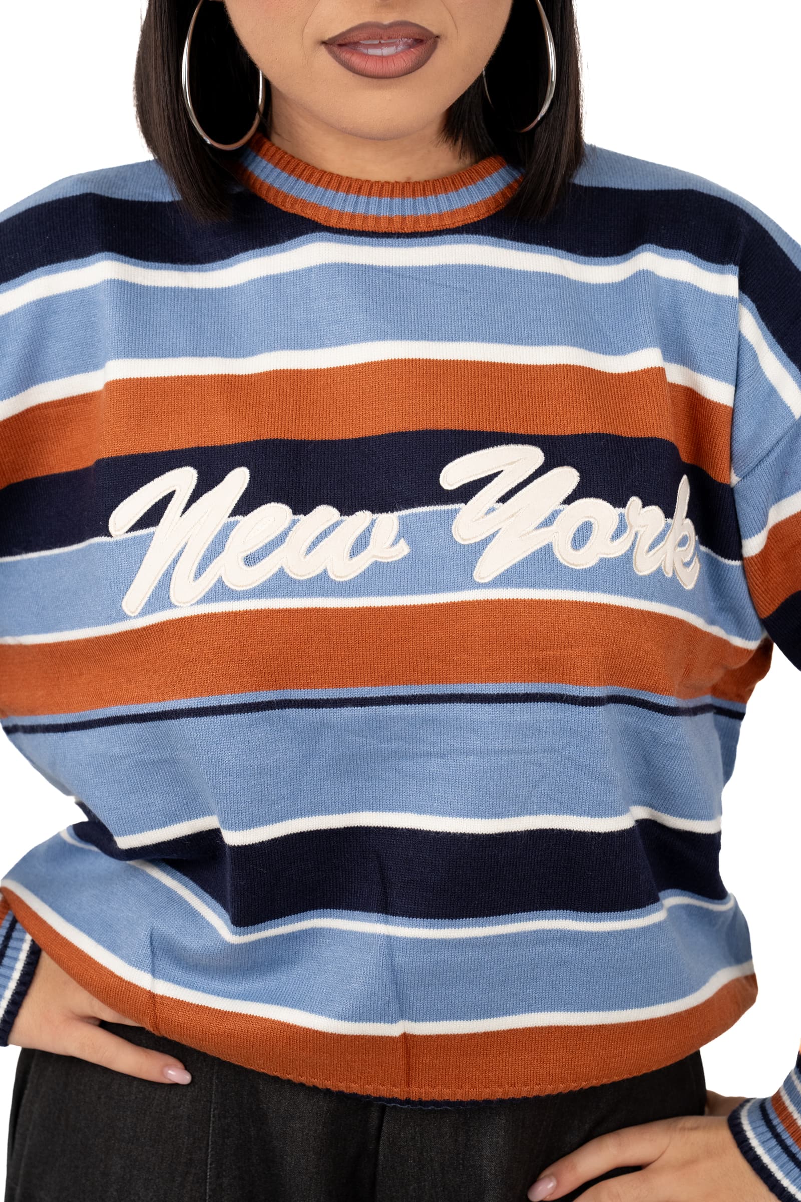 MAGLIONE NEW YORK ARANCIO/CELESTE A RIGHE TAGLIA UNICA