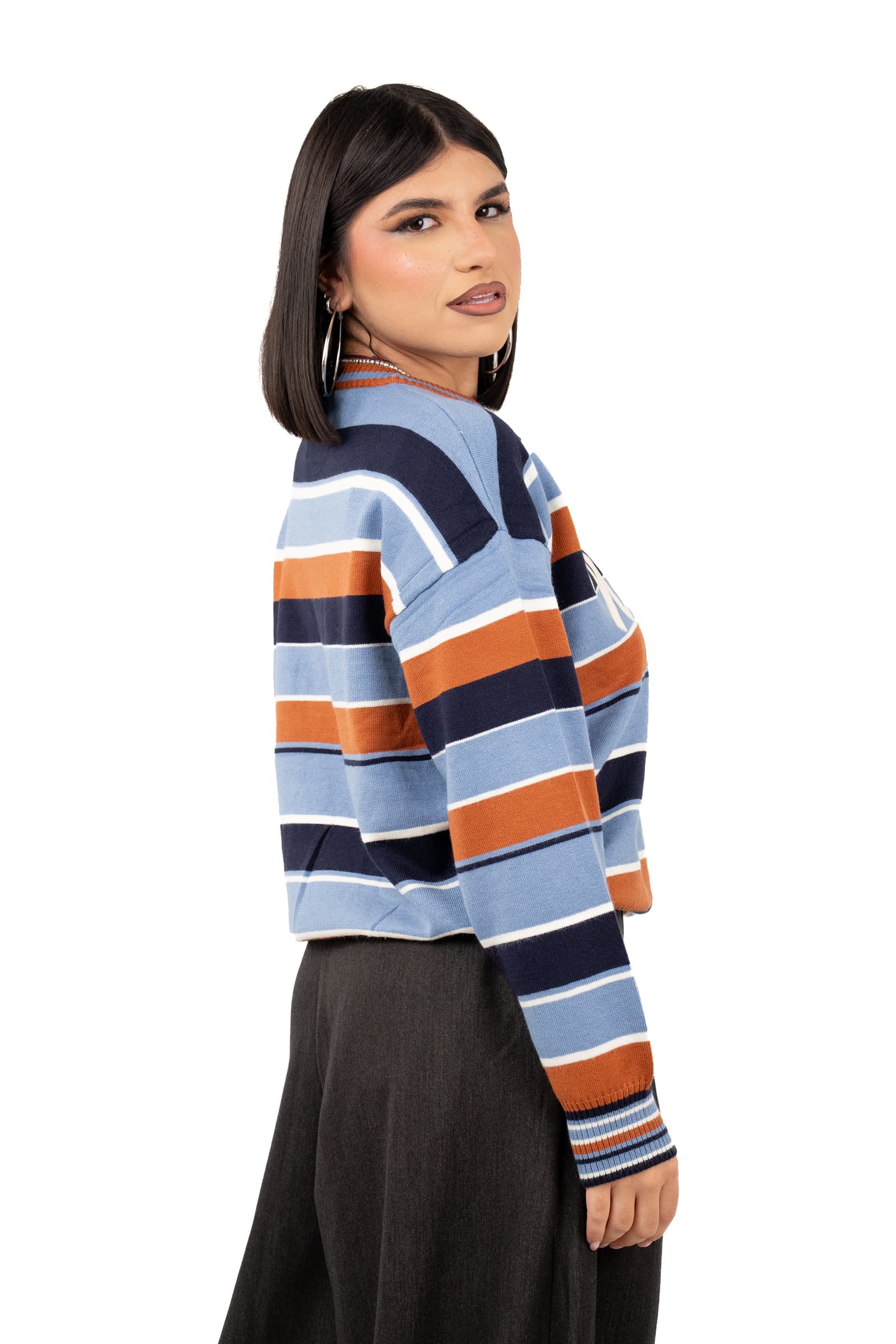 MAGLIONE NEW YORK ARANCIO/CELESTE A RIGHE TAGLIA UNICA