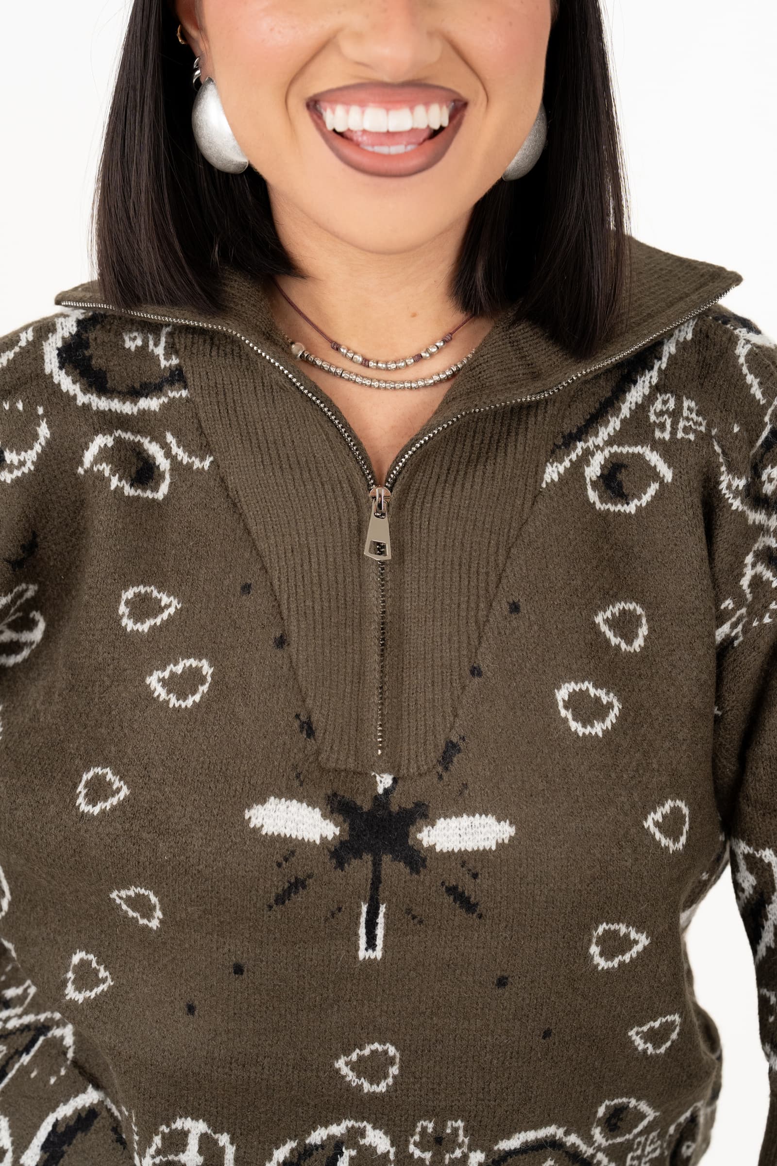 MAGLIONE YOKO KAKI MEZZA ZIP FANTASIA BANDANA TAGLIA UNICA