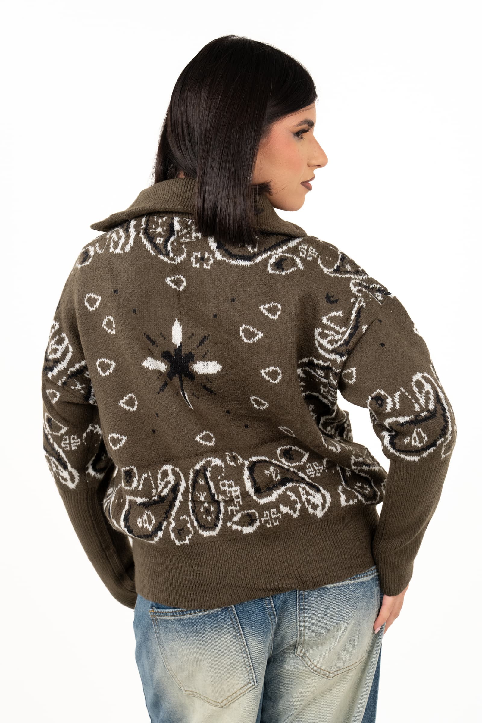MAGLIONE YOKO KAKI MEZZA ZIP FANTASIA BANDANA TAGLIA UNICA
