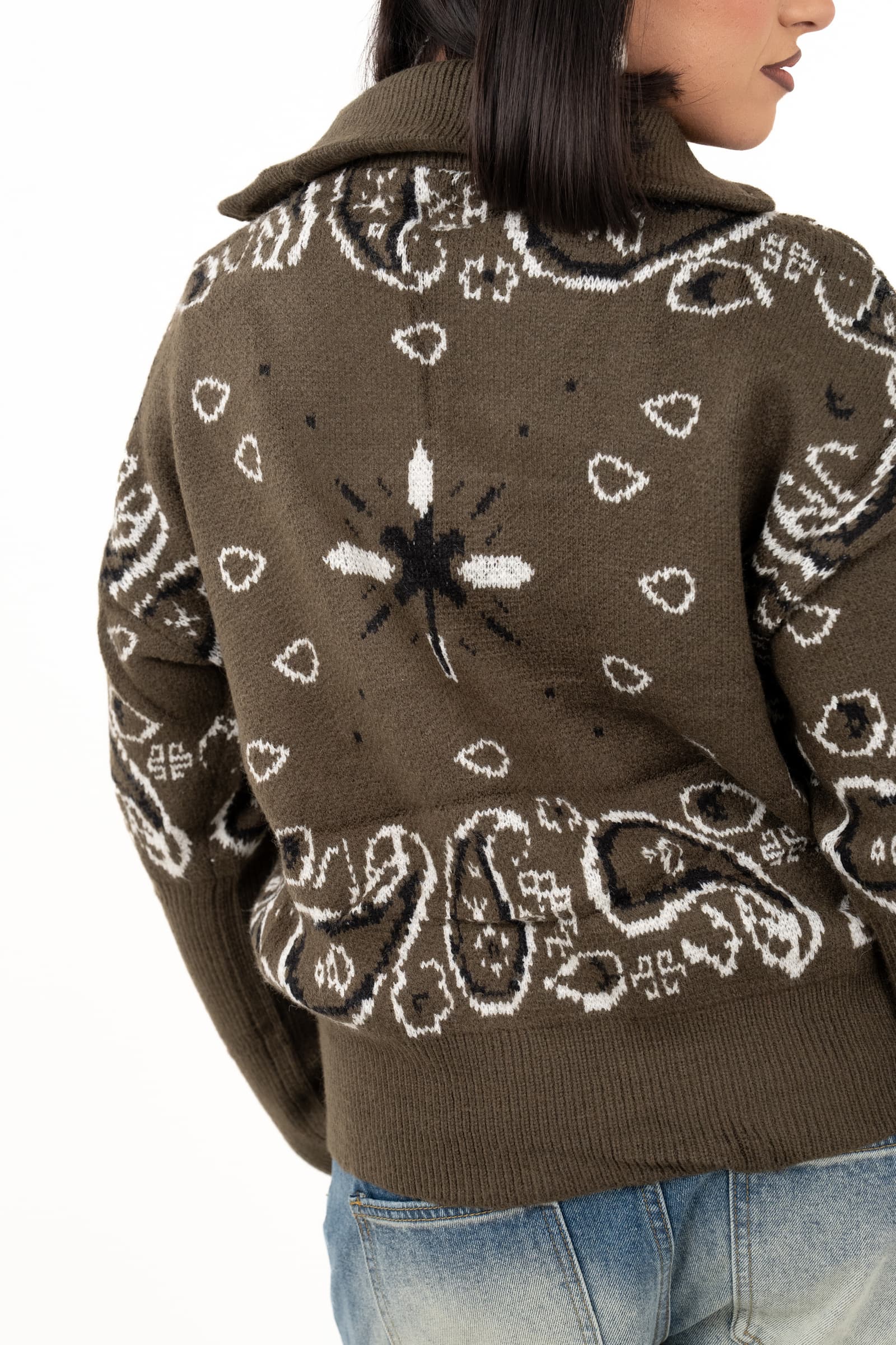 MAGLIONE YOKO KAKI MEZZA ZIP FANTASIA BANDANA TAGLIA UNICA