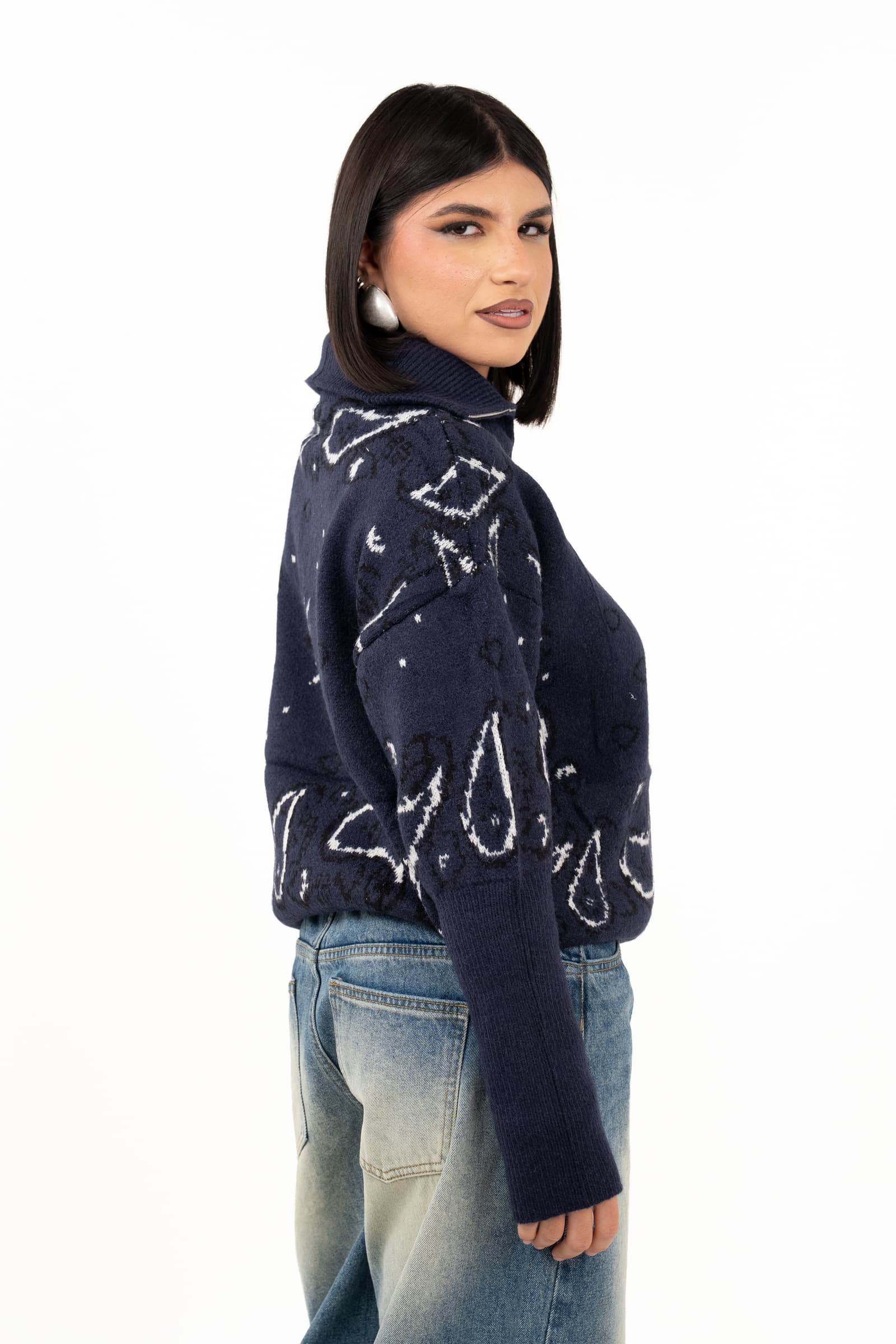 MAGLIONE YOKO BLU MEZZA ZIP FANTASIA BANDANA TAGLIA UNICA