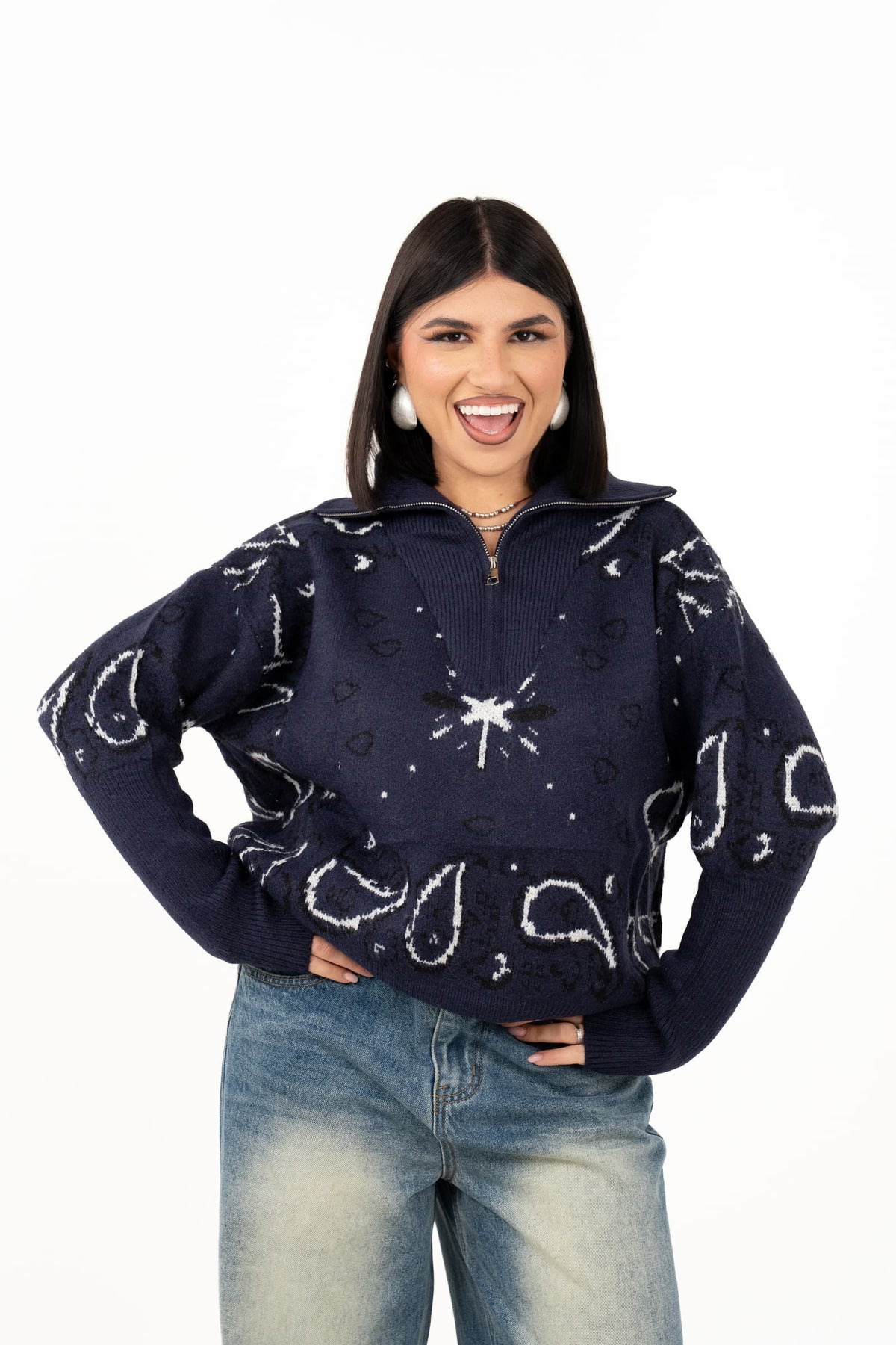 MAGLIONE YOKO BLU MEZZA ZIP FANTASIA BANDANA TAGLIA UNICA