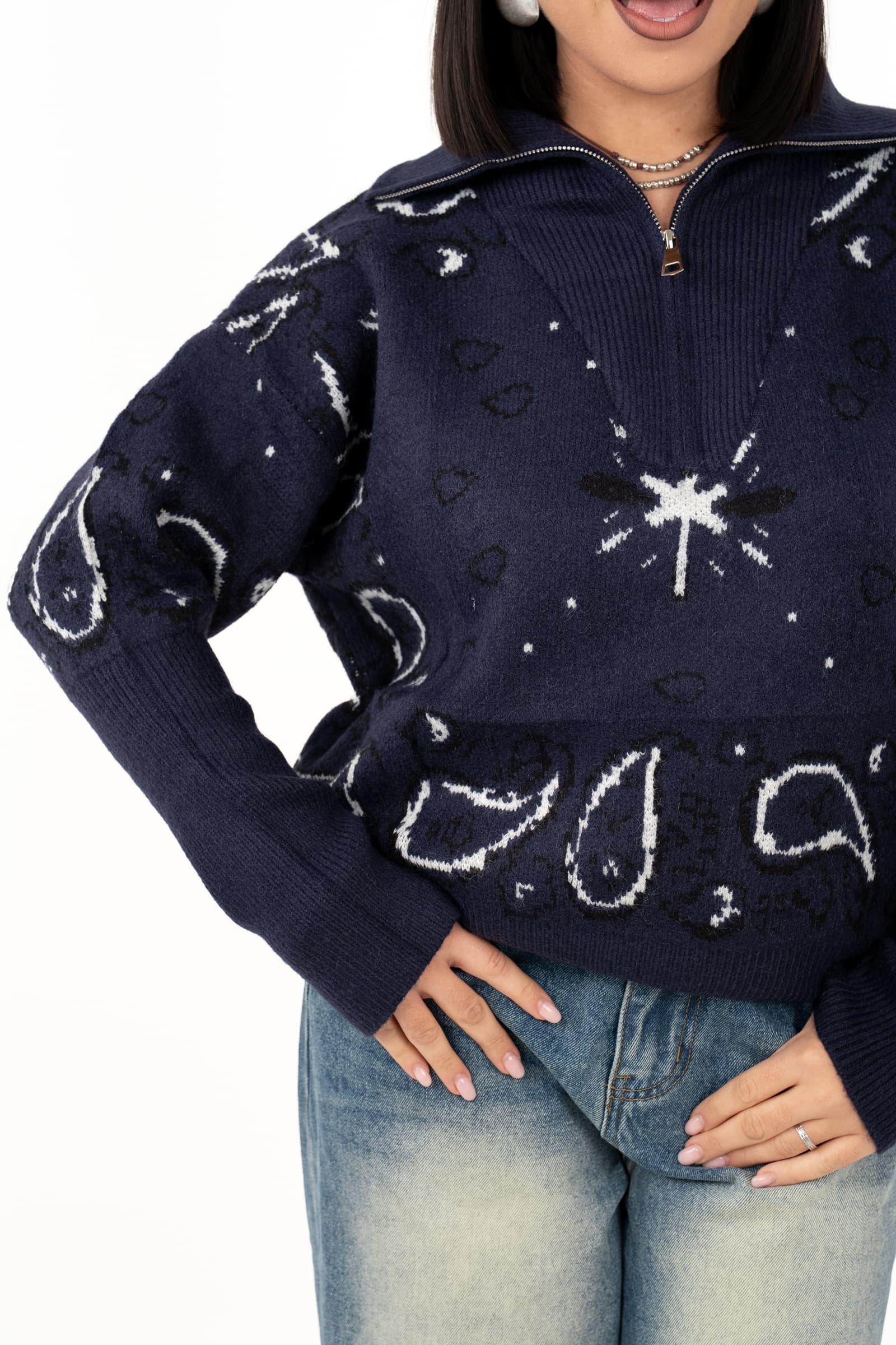 MAGLIONE YOKO BLU MEZZA ZIP FANTASIA BANDANA TAGLIA UNICA