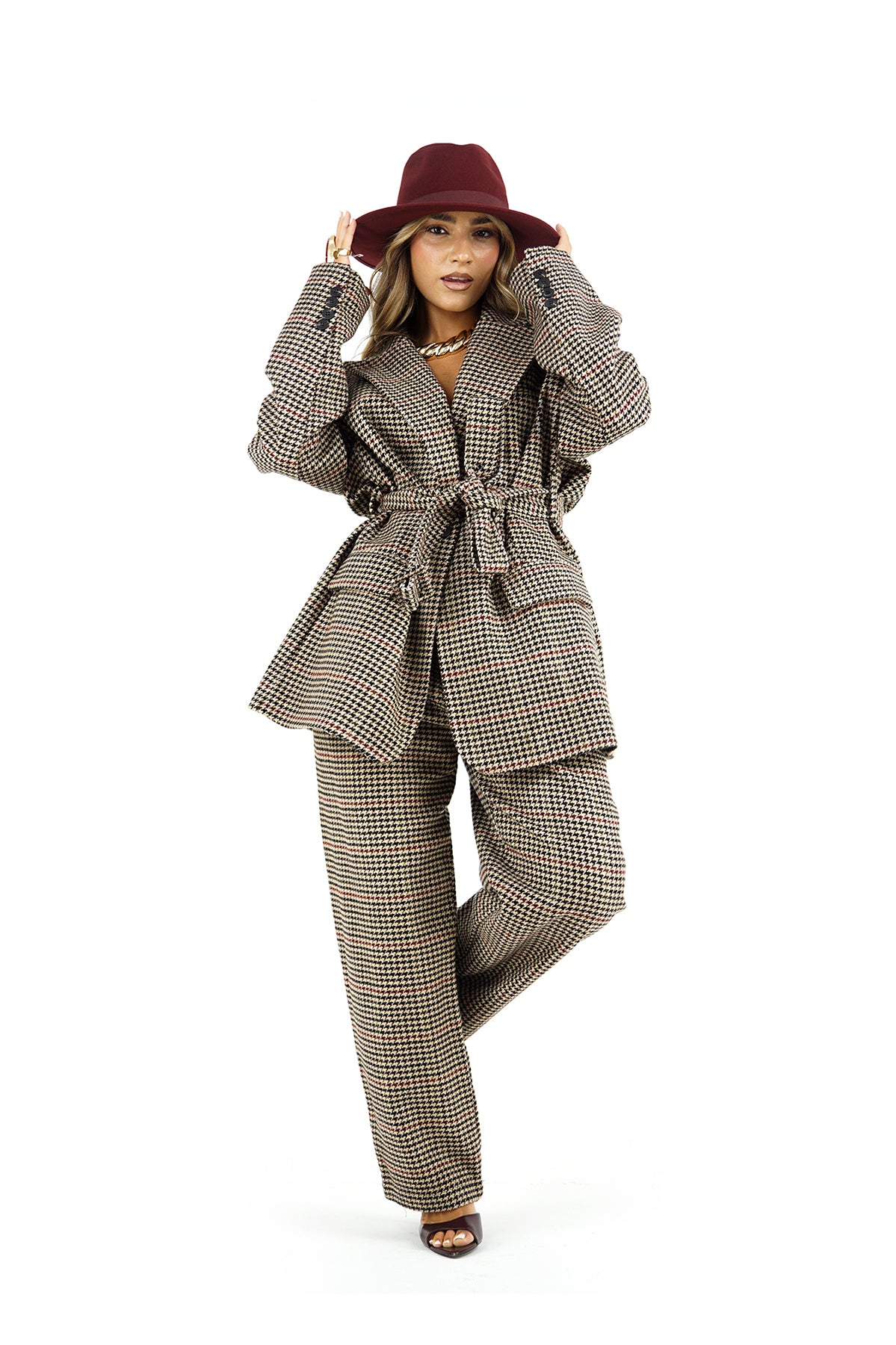 Completo Donna Pied de Poule con Cappotto Cinturato e Pantalone a Gamba Ampia