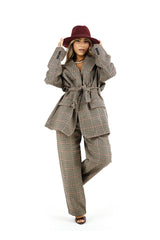 Completo Donna Pied de Poule con Cappotto Cinturato e Pantalone a Gamba Ampia