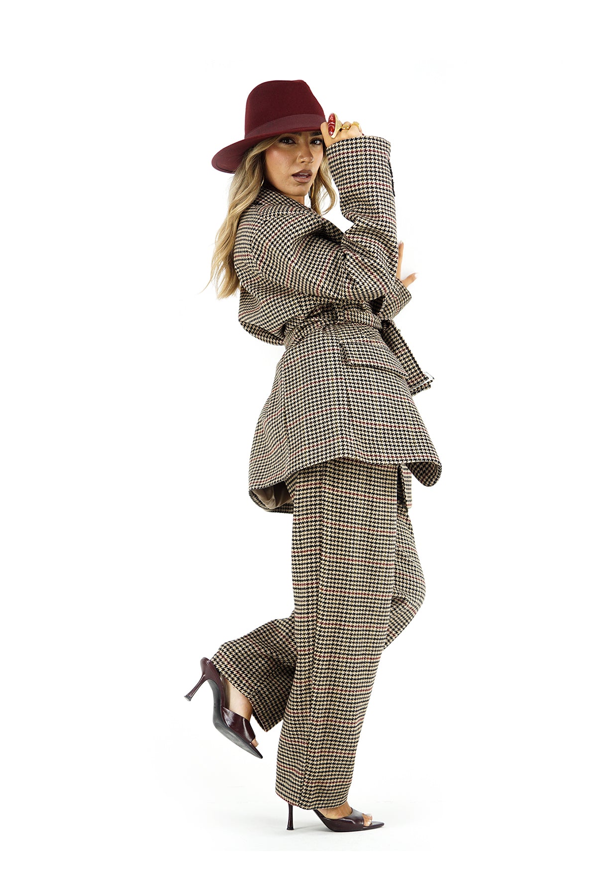 Completo Donna Pied de Poule con Cappotto Cinturato e Pantalone a Gamba Ampia