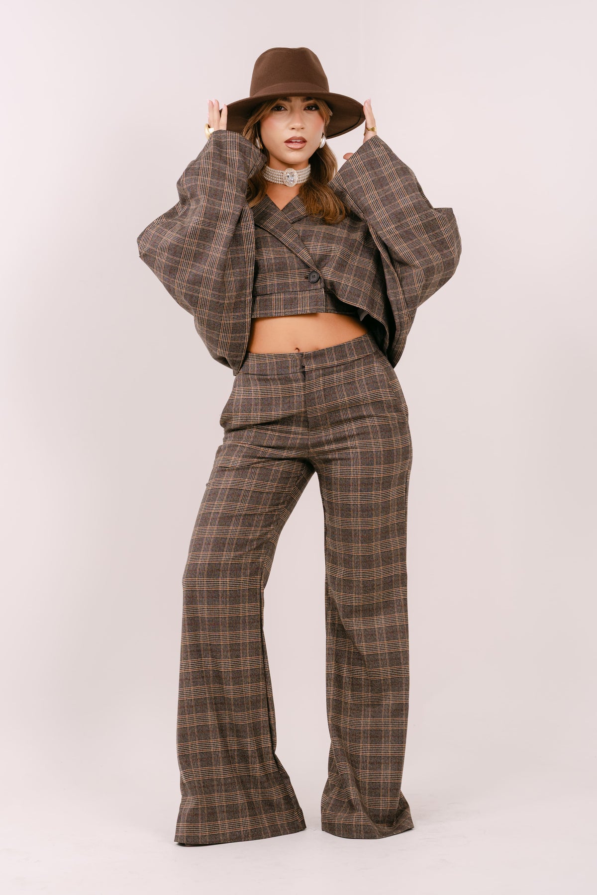 TAILLEUR FLORA MARRONE A QUADRI LUMINA