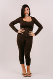 SET TRE PEZZI BRENDA MARRONE CON MAGLIA CORTA,BUSTINO E LEGGINGS CAPRI