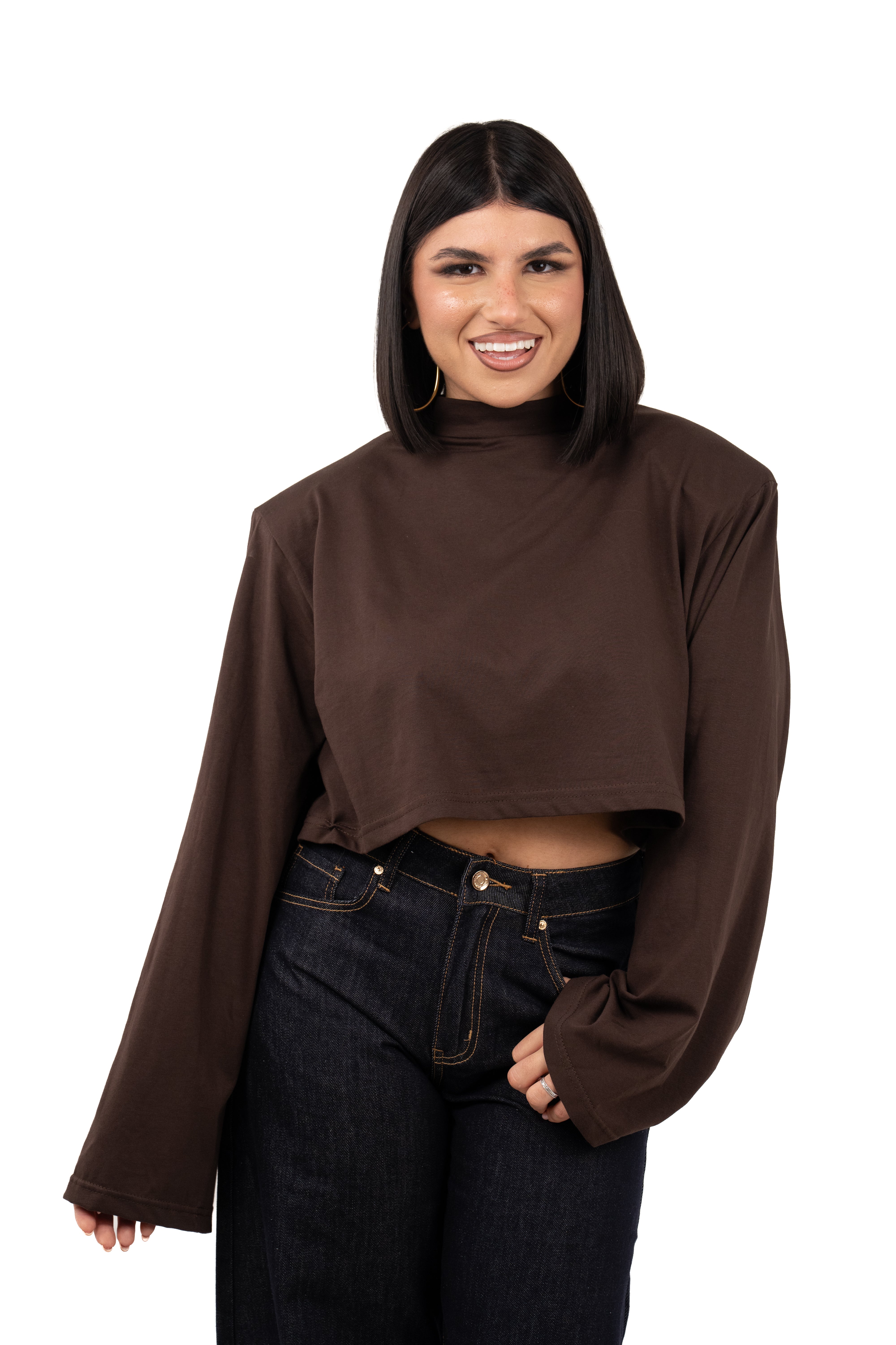 T-SHIRT XENA MARRONE CROPPED COLLO ALTO JUSTWEST TAGLIA UNICA