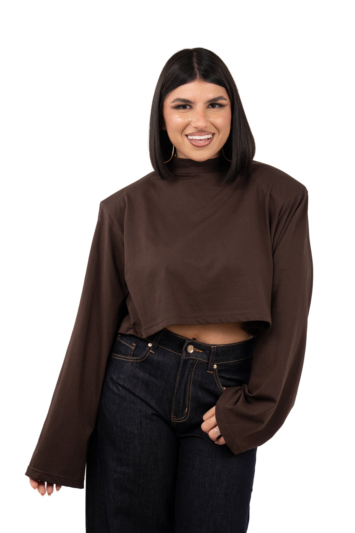 T-SHIRT XENA MARRONE CROPPED COLLO ALTO JUSTWEST TAGLIA UNICA