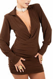 VESTITO ROSE MARRONE DRAPPEGGIATO SCOLLO A V TAGLIA UNICA