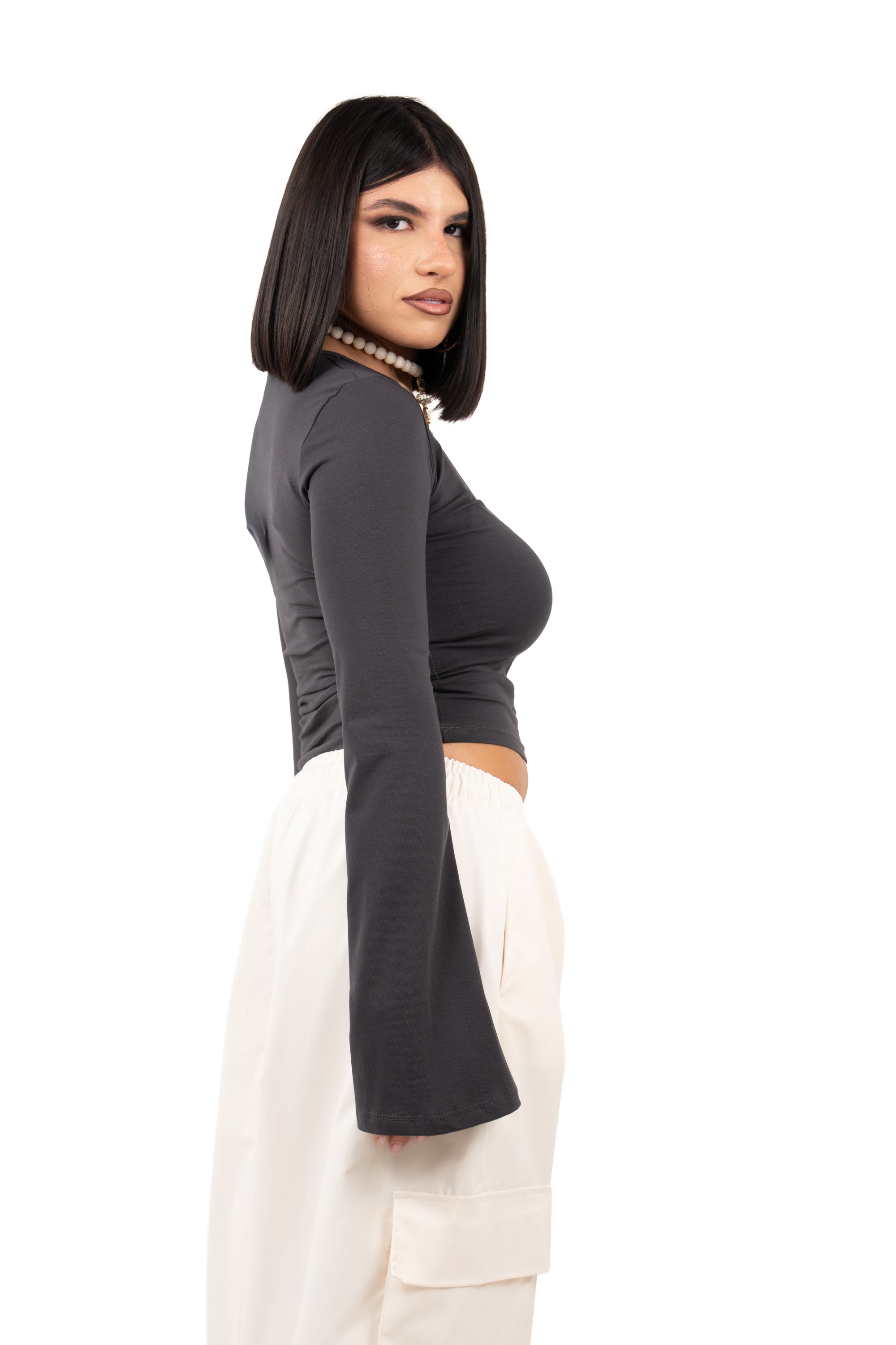 MAGLIA QUINN GRIGIO ANTRACITE SCOLLO A V JUSTWEST TAGLIA UNICA