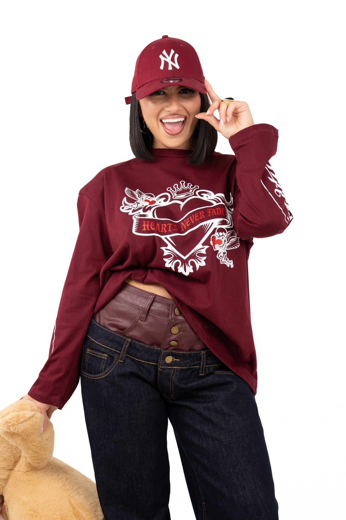T-SHIRT CUORE OVER SIZE BORDEAUX TAGLIA UNICA