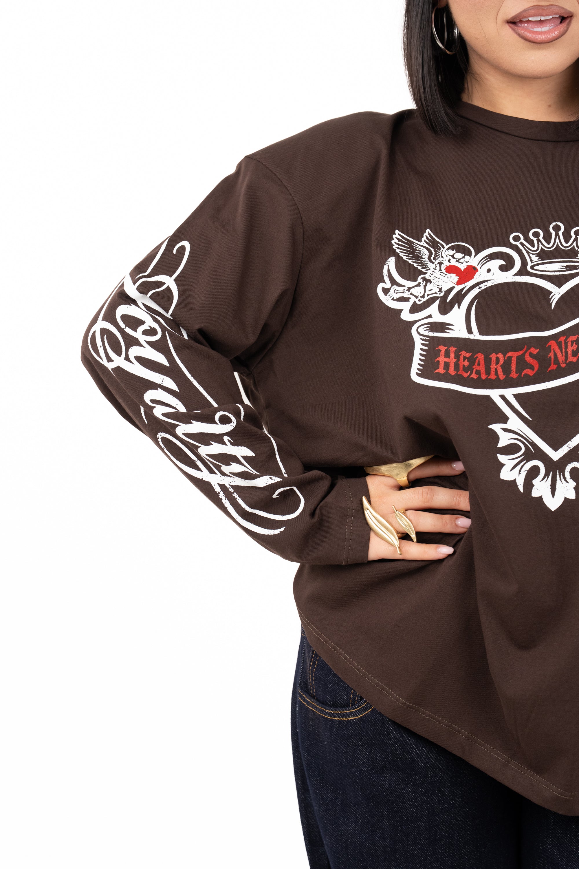T-SHIRT CUORE OVER SIZE MARRONE TAGLIA UNICA