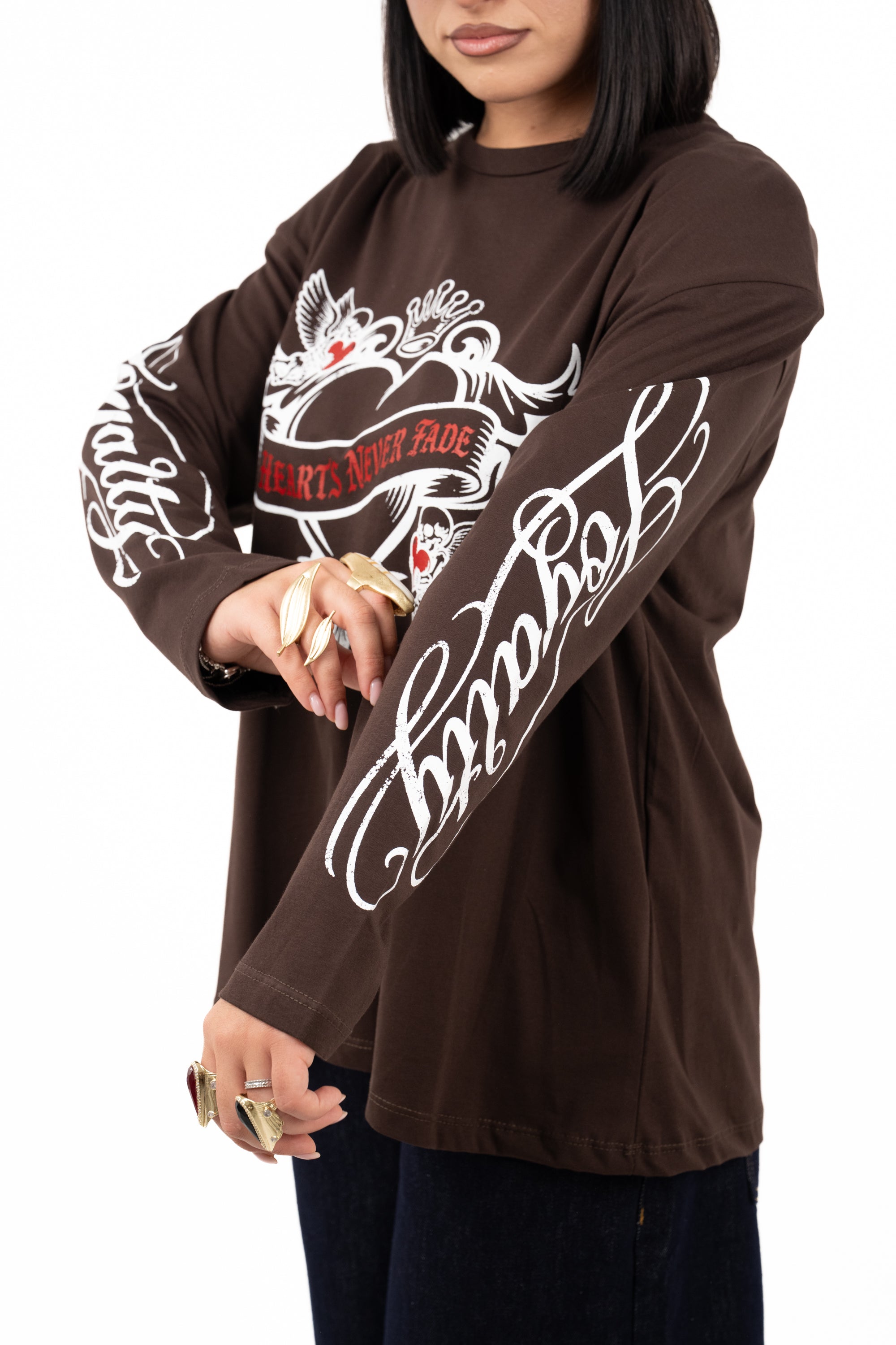 T-SHIRT CUORE OVER SIZE MARRONE TAGLIA UNICA