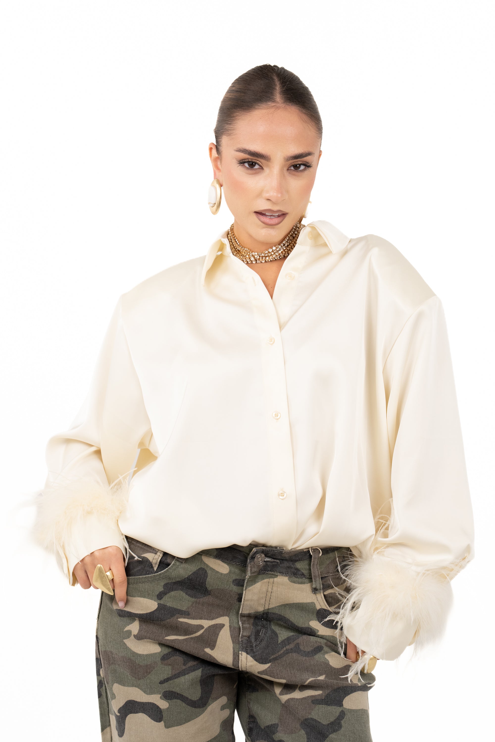CAMICIA SUZI CHAMPAGNE SATIN CON PIUME JUSTWEST TAGLIA UNICA