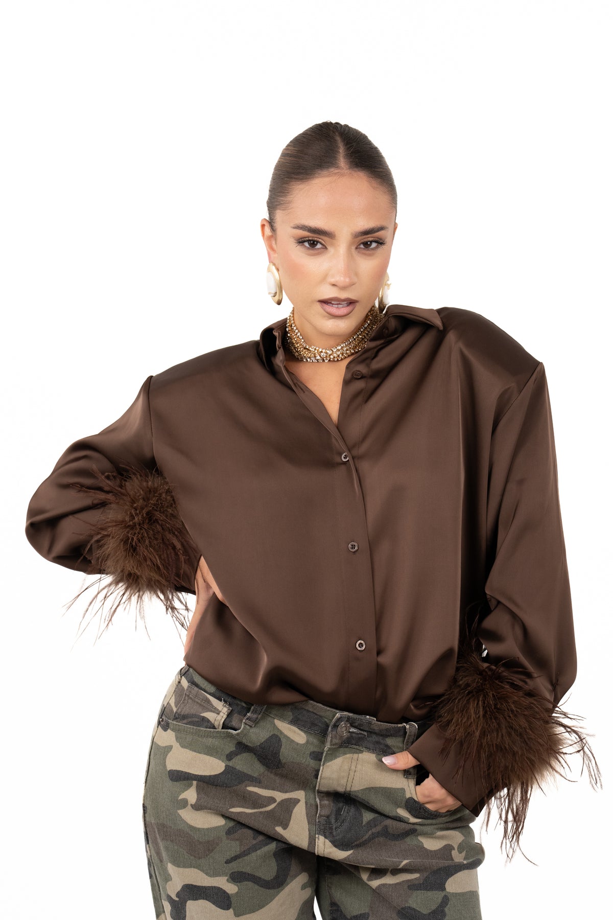 CAMICIA SUZI MARRONE SATIN CON PIUME JUSTWEST TAGLIA UNICA