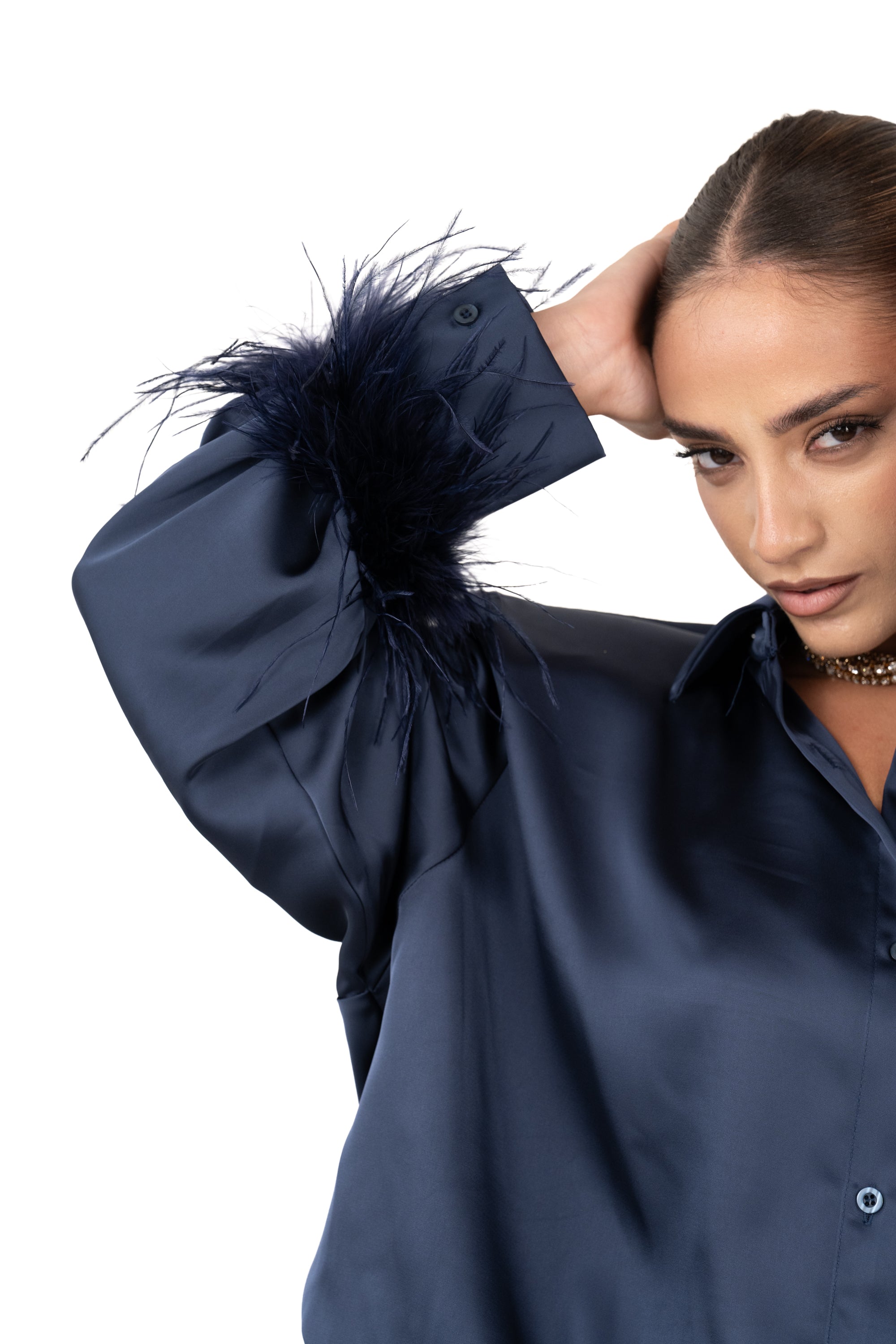 CAMICIA SUZI BLU SATIN CON PIUME JUSTWEST TAGLIA UNICA