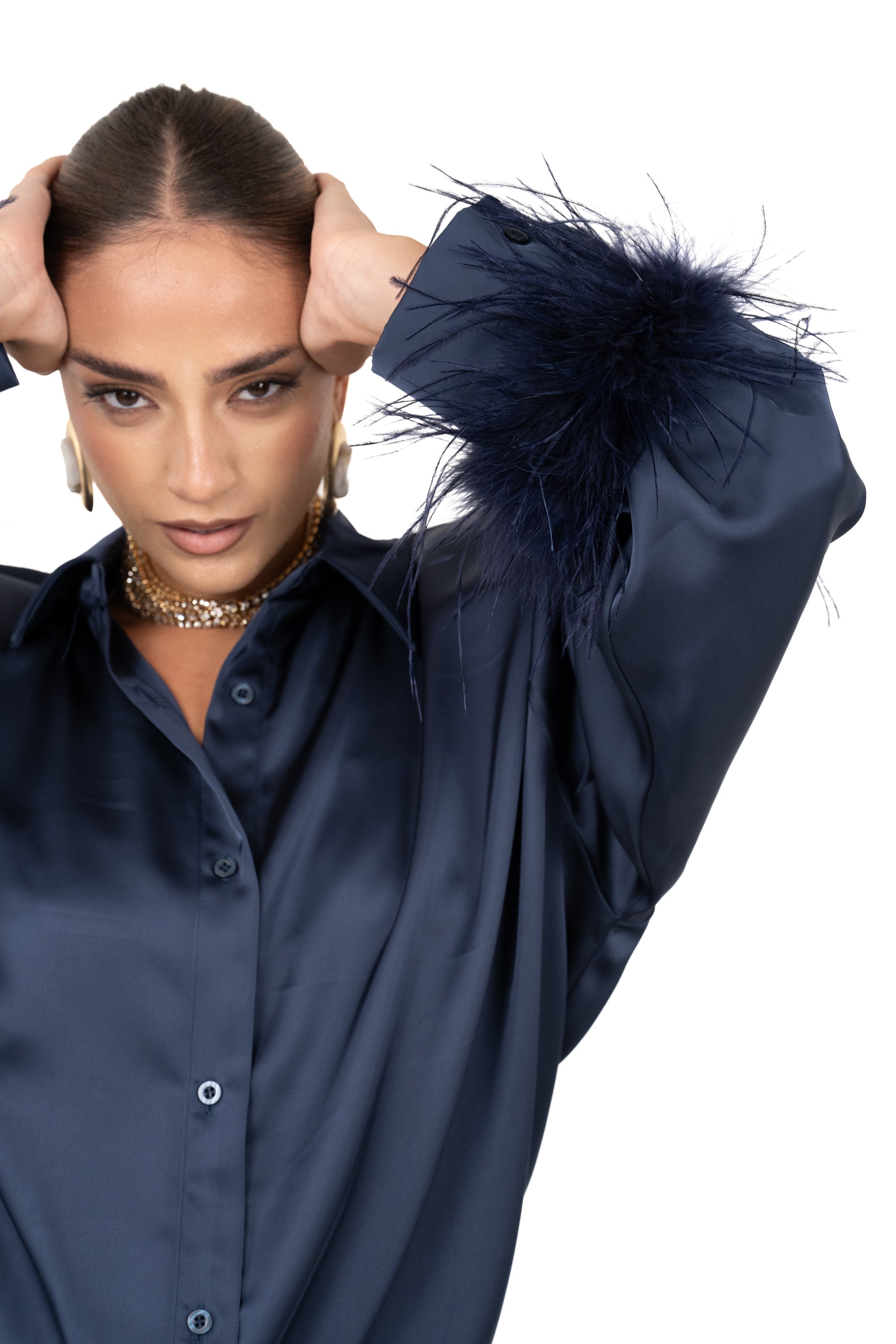 CAMICIA SUZI BLU SATIN CON PIUME JUSTWEST TAGLIA UNICA
