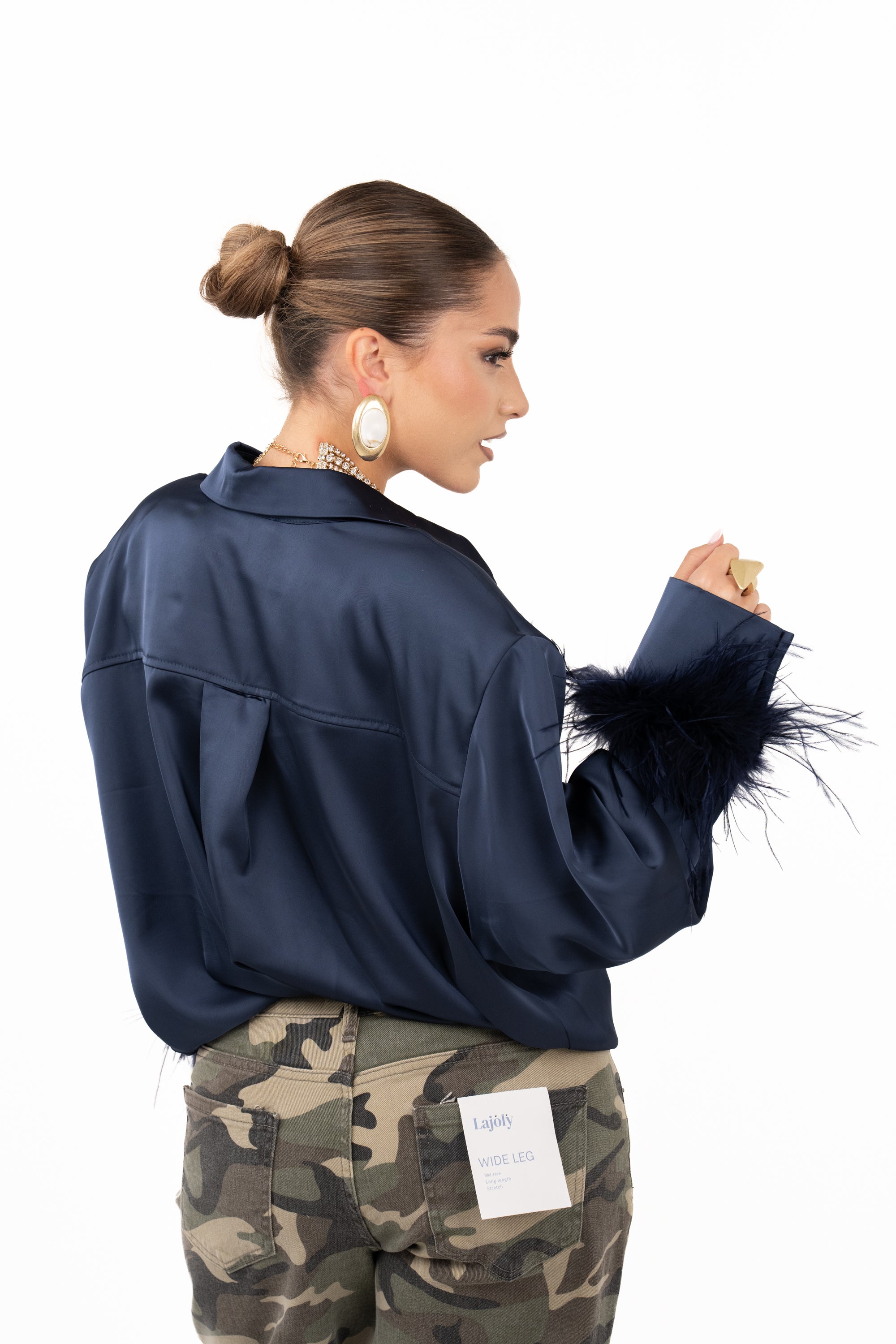 CAMICIA SUZI BLU SATIN CON PIUME JUSTWEST TAGLIA UNICA