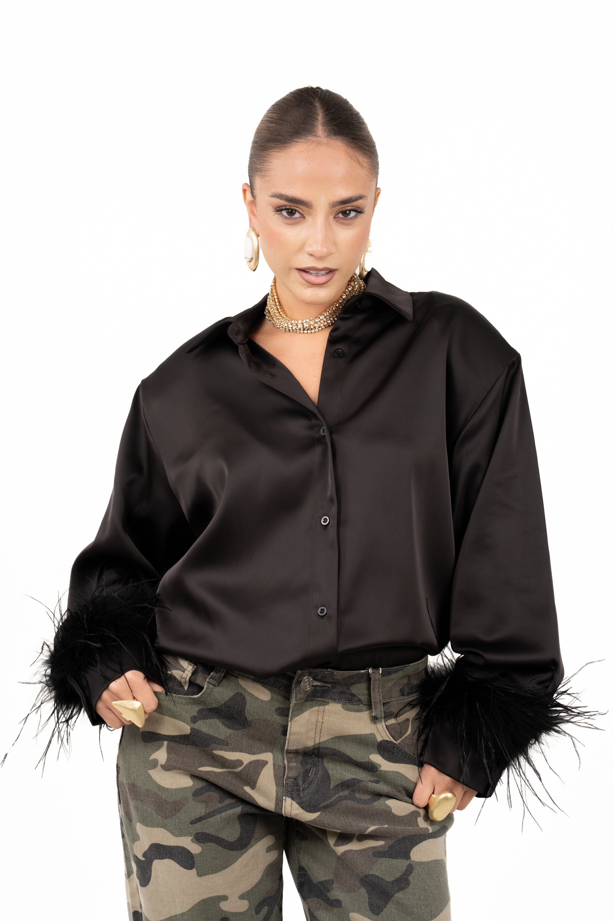 CAMICIA SUZI NERA SATIN CON PIUME JUSTWEST TAGLIA UNICA