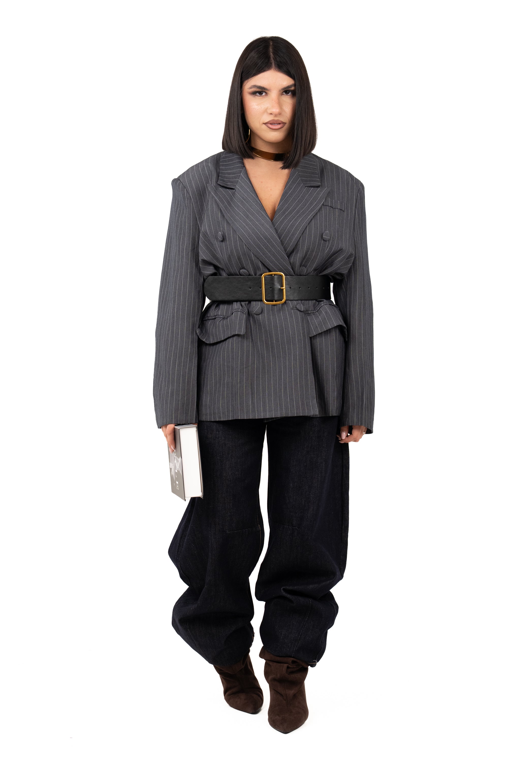 BLAZER GRIGIO SCURO DOPPIOPETTO GESSATO TAGLIA UNICA