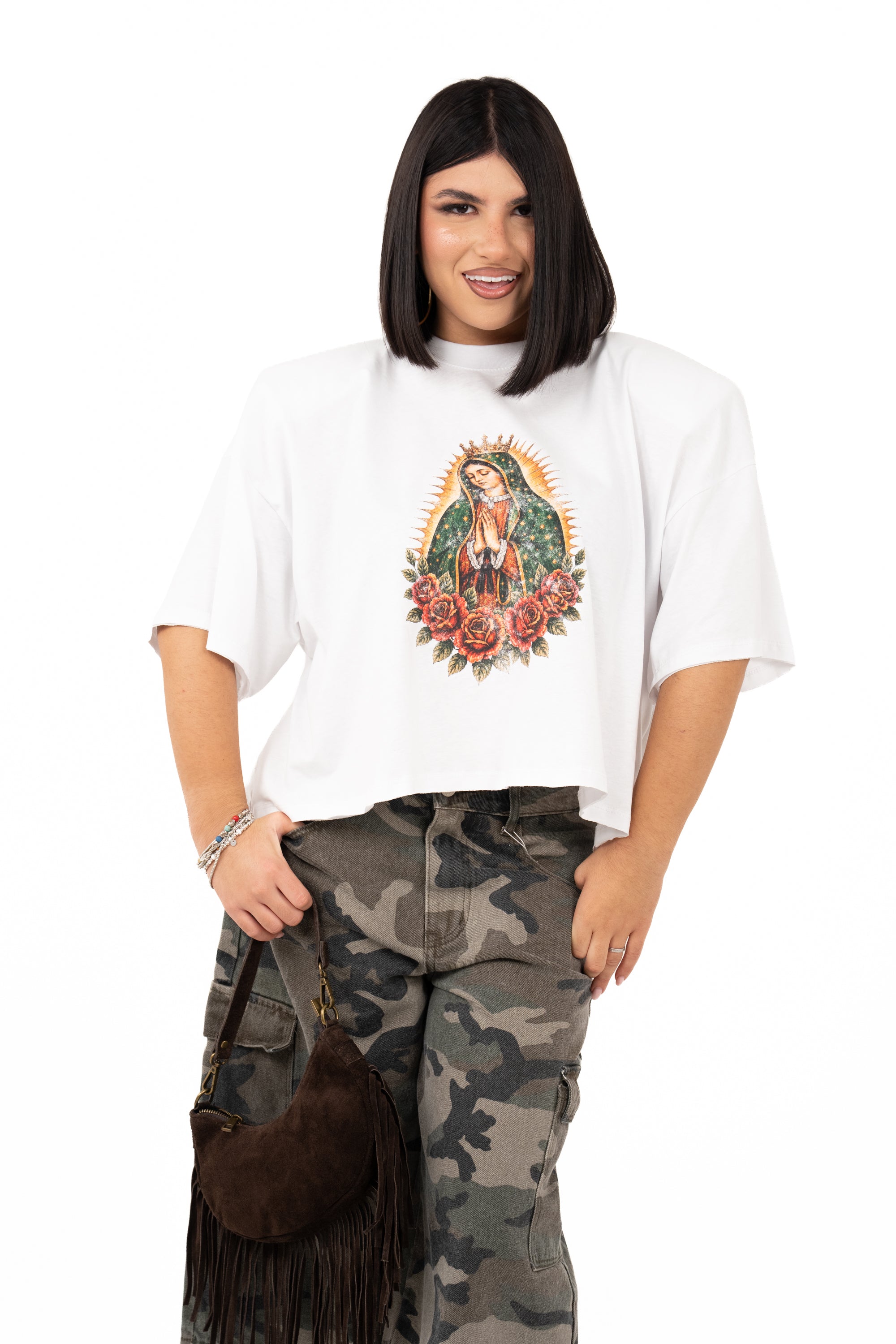 T-SHIRT MADONNA CROPPED BIANCA JUSTWEST TAGLIA UNICA