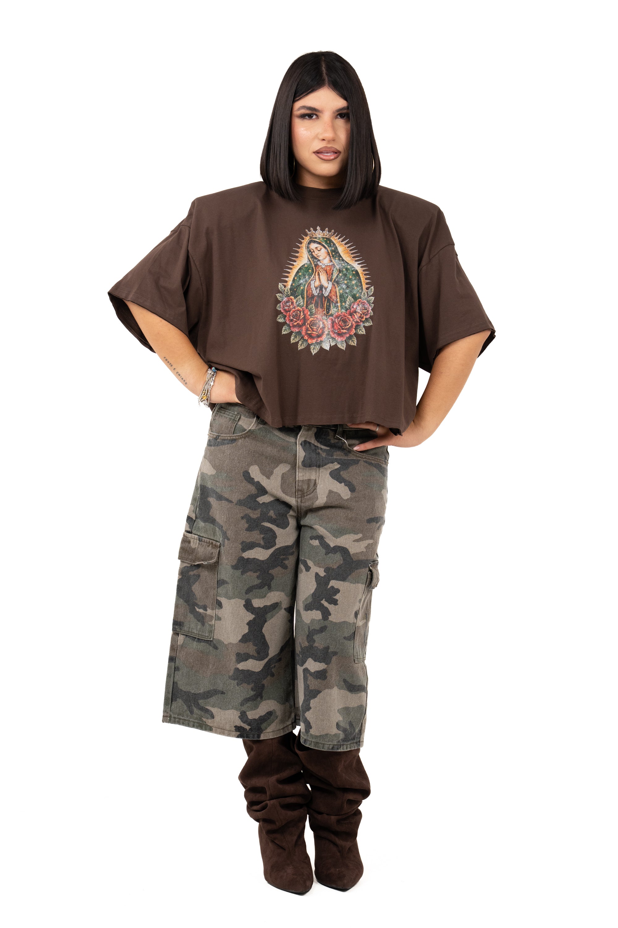 T-SHIRT MADONNA CROPPED MARRONE JUSTWEST TAGLIA UNICA