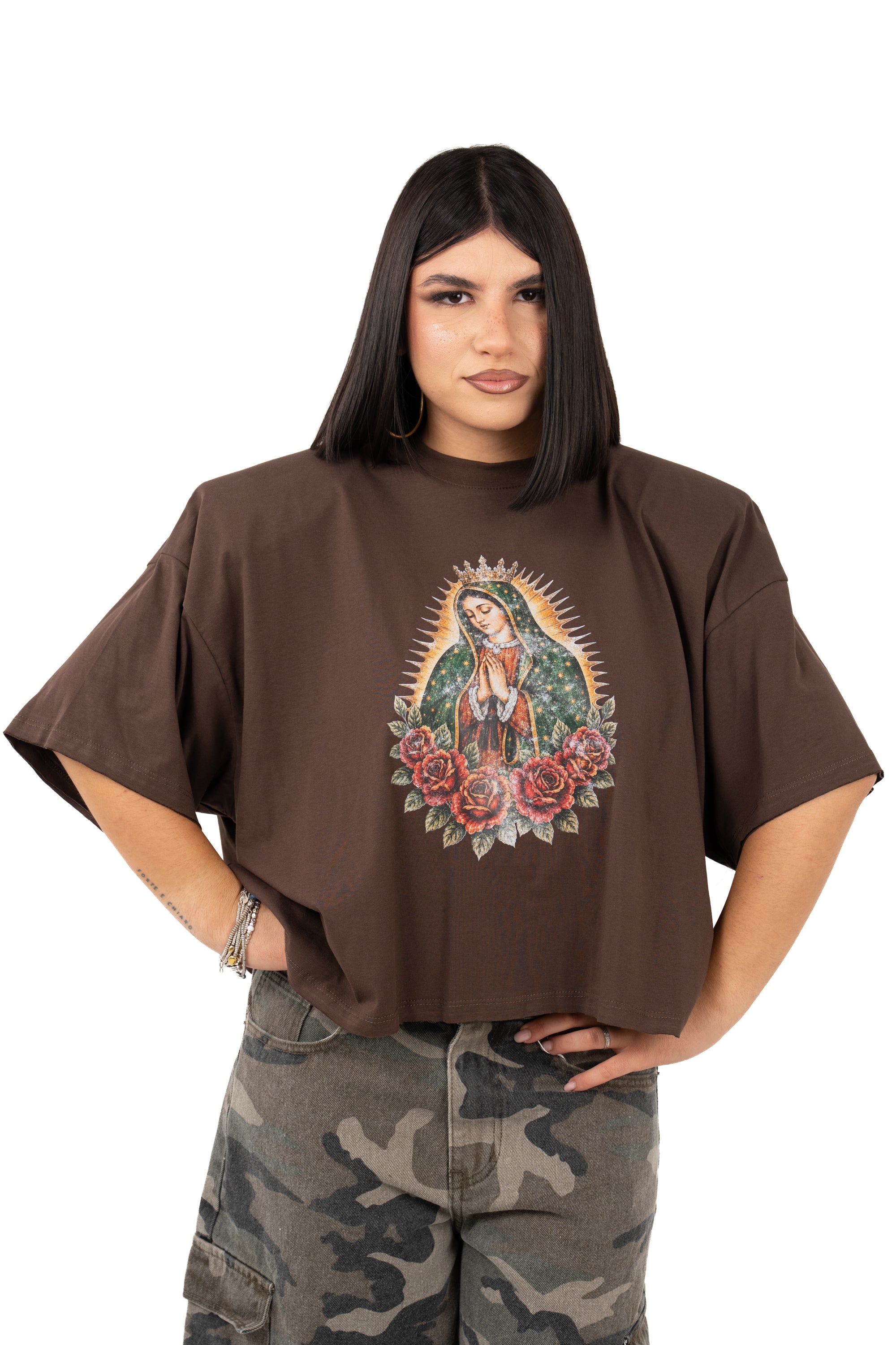 T-SHIRT MADONNA CROPPED MARRONE JUSTWEST TAGLIA UNICA
