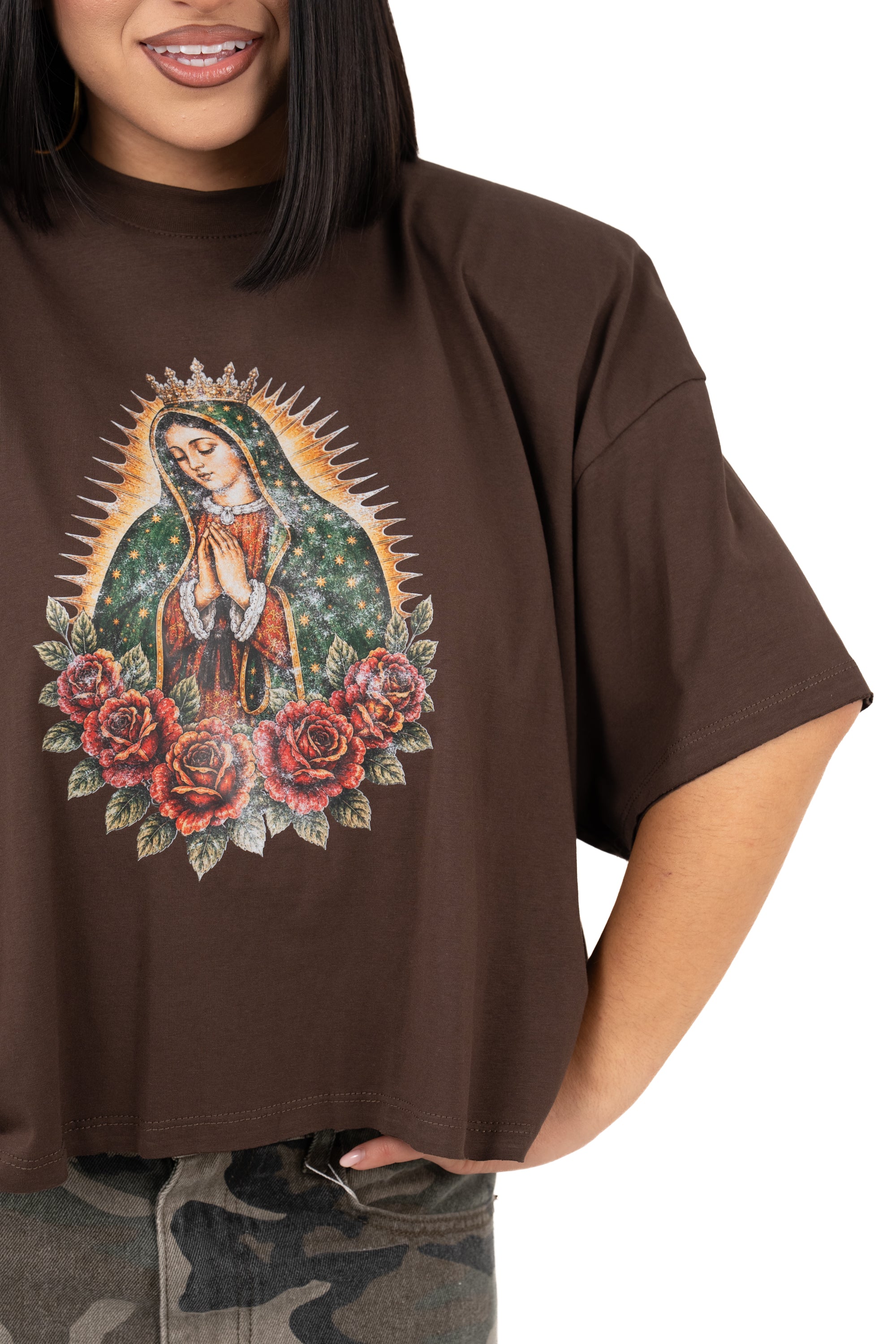 T-SHIRT MADONNA CROPPED MARRONE JUSTWEST TAGLIA UNICA