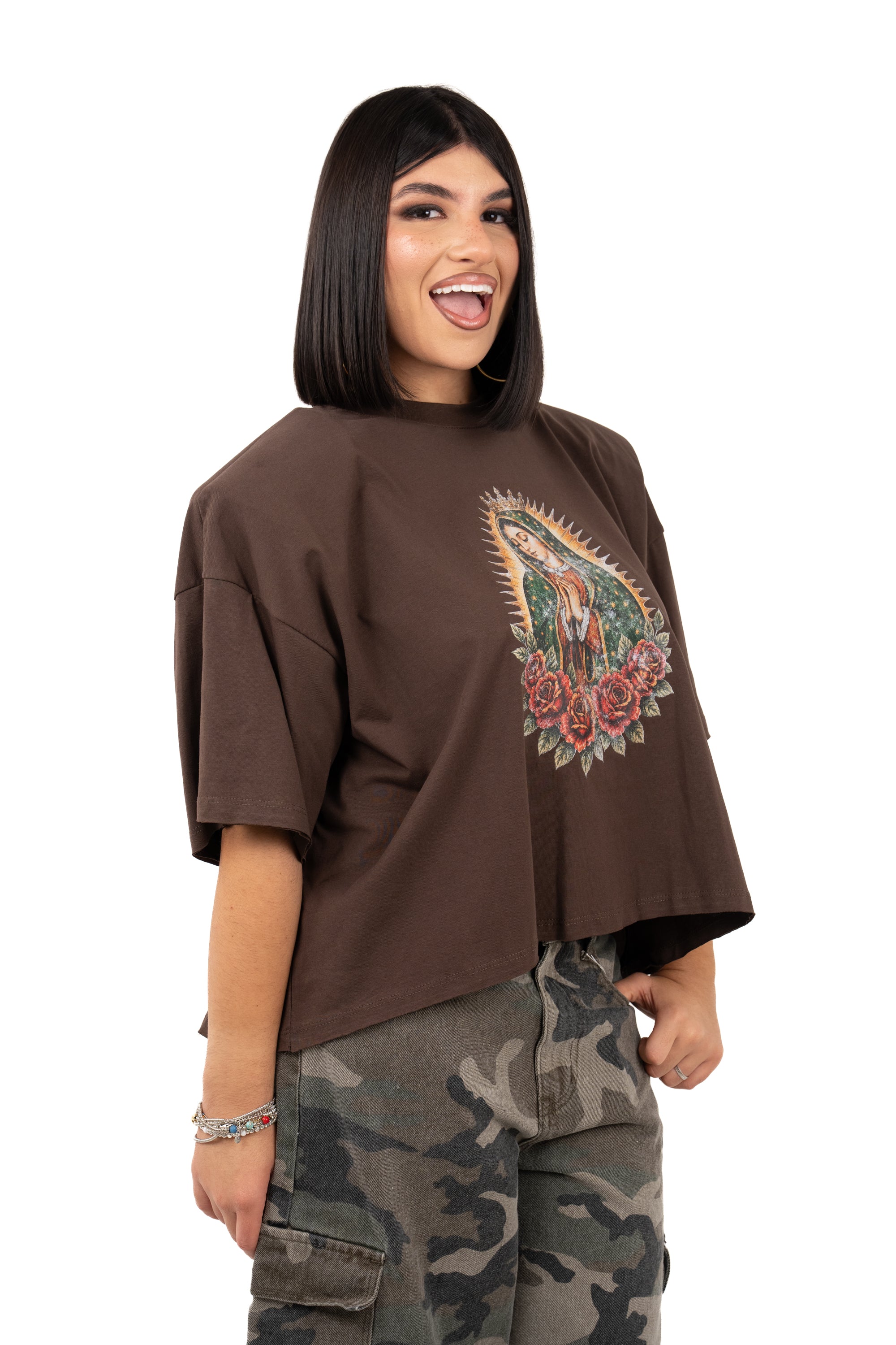 T-SHIRT MADONNA CROPPED MARRONE JUSTWEST TAGLIA UNICA