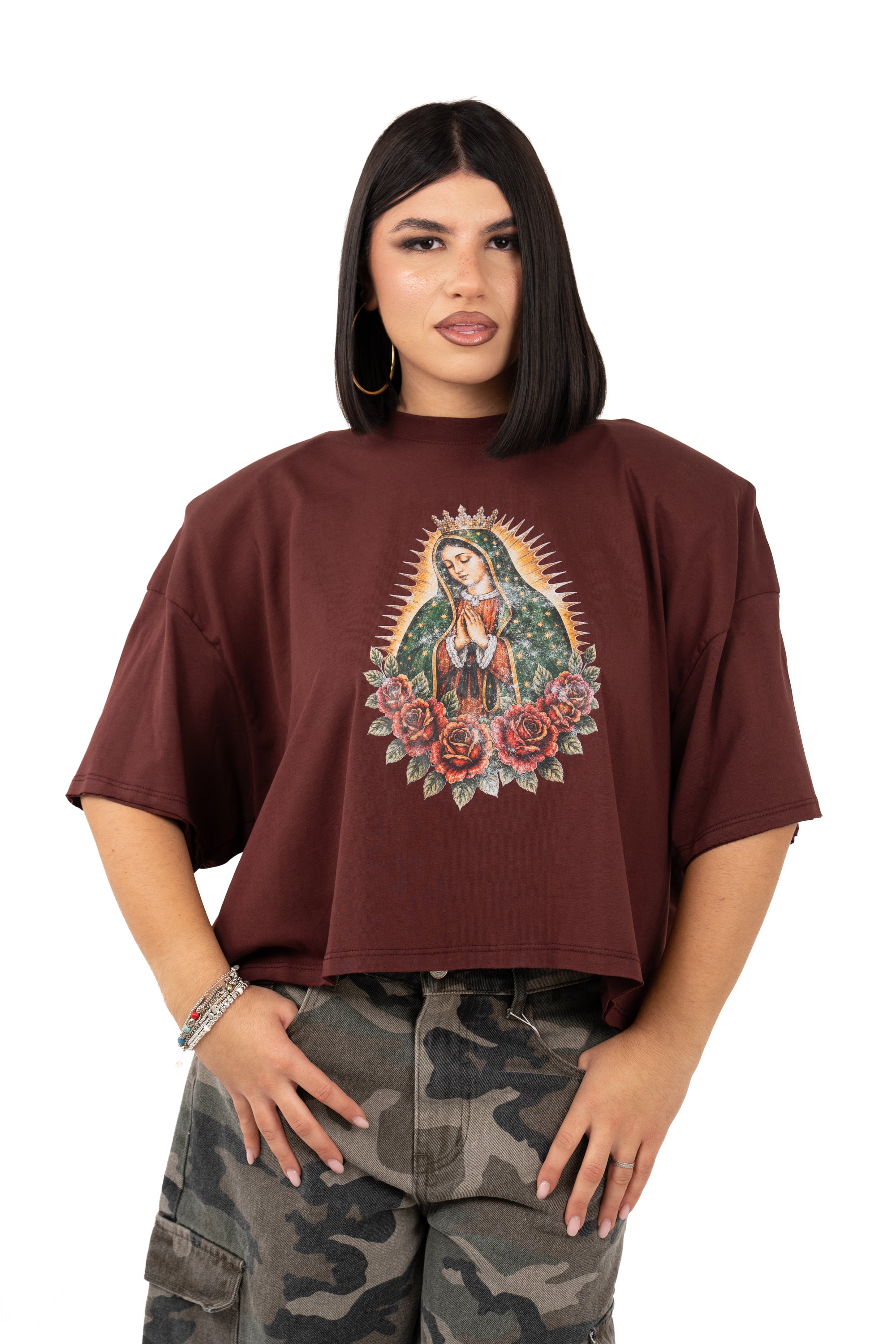 T-SHIRT MADONNA CROPPED BORDEAUX JUSTWEST TAGLIA UNICA
