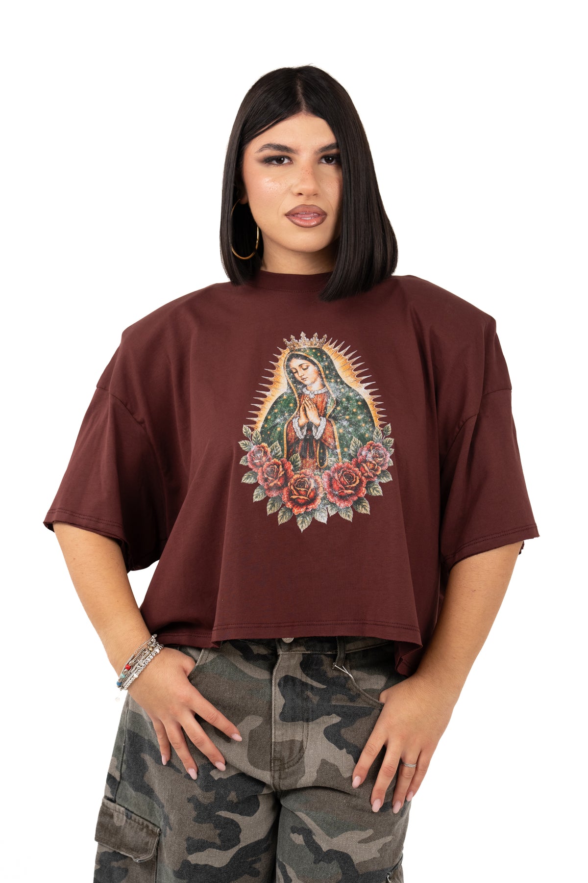 T-SHIRT MADONNA CROPPED BORDEAUX JUSTWEST TAGLIA UNICA