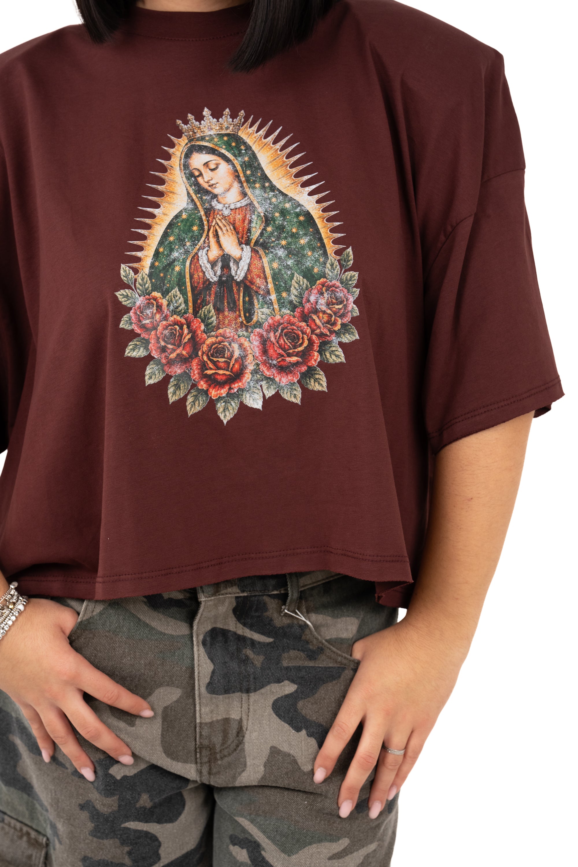T-SHIRT MADONNA CROPPED BORDEAUX JUSTWEST TAGLIA UNICA