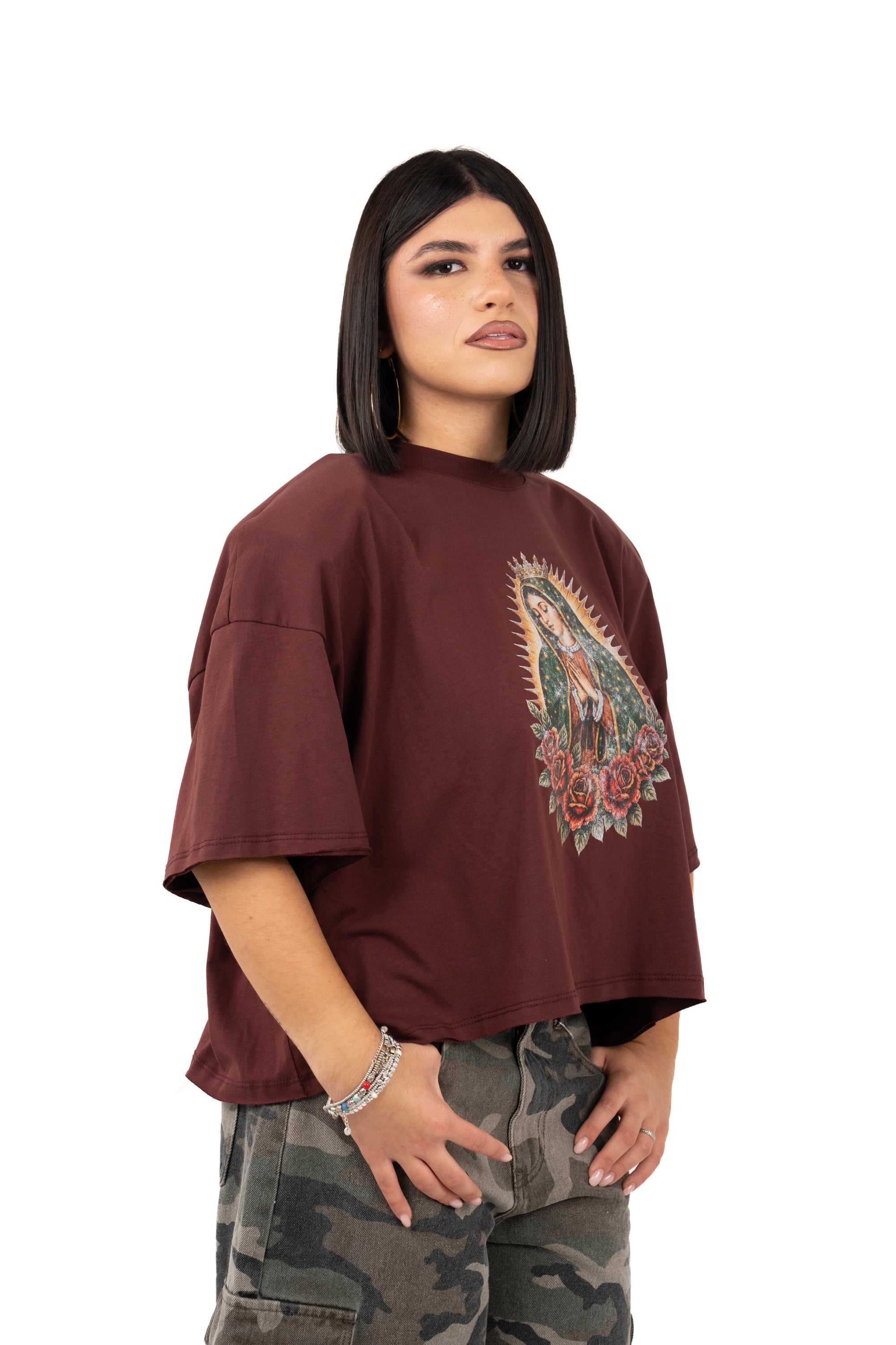 T-SHIRT MADONNA CROPPED BORDEAUX JUSTWEST TAGLIA UNICA