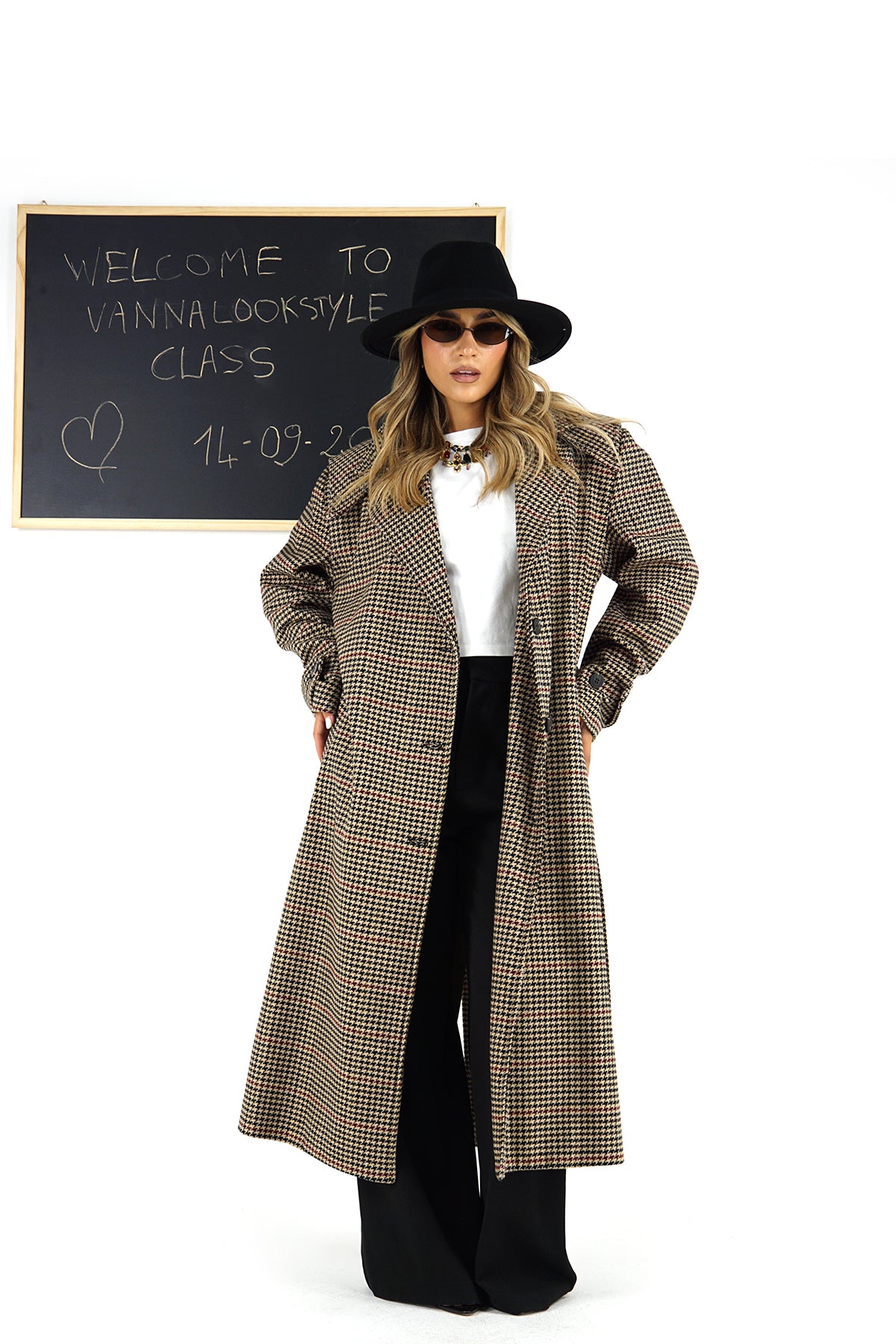 Cappotto Lungo a Pied-de-poule Elegante con Cintura in Vita