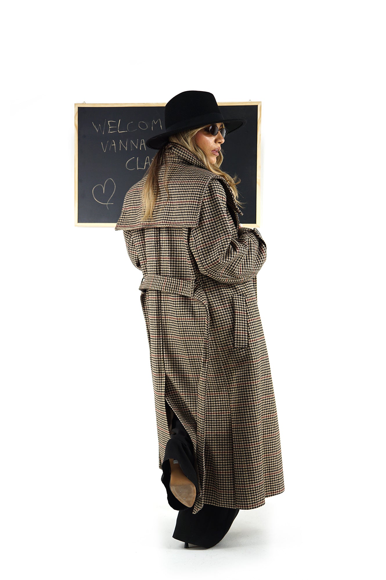 Cappotto Lungo a Pied-de-poule Elegante con Cintura in Vita