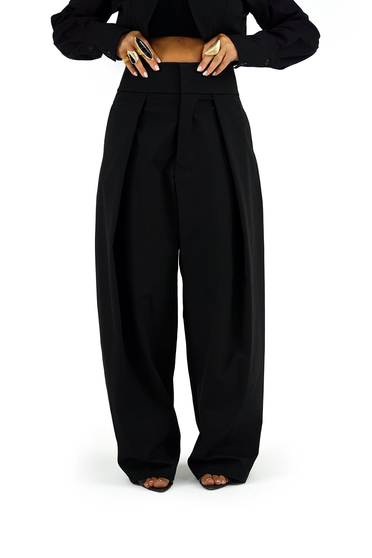 Completo Due Pezzi Lumina Nero Giacca Cropped e Pantaloni Palazzo Taglia Unica