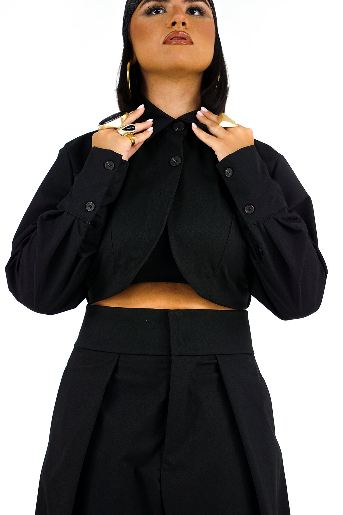 Completo Due Pezzi Lumina Nero Giacca Cropped e Pantaloni Palazzo Taglia Unica