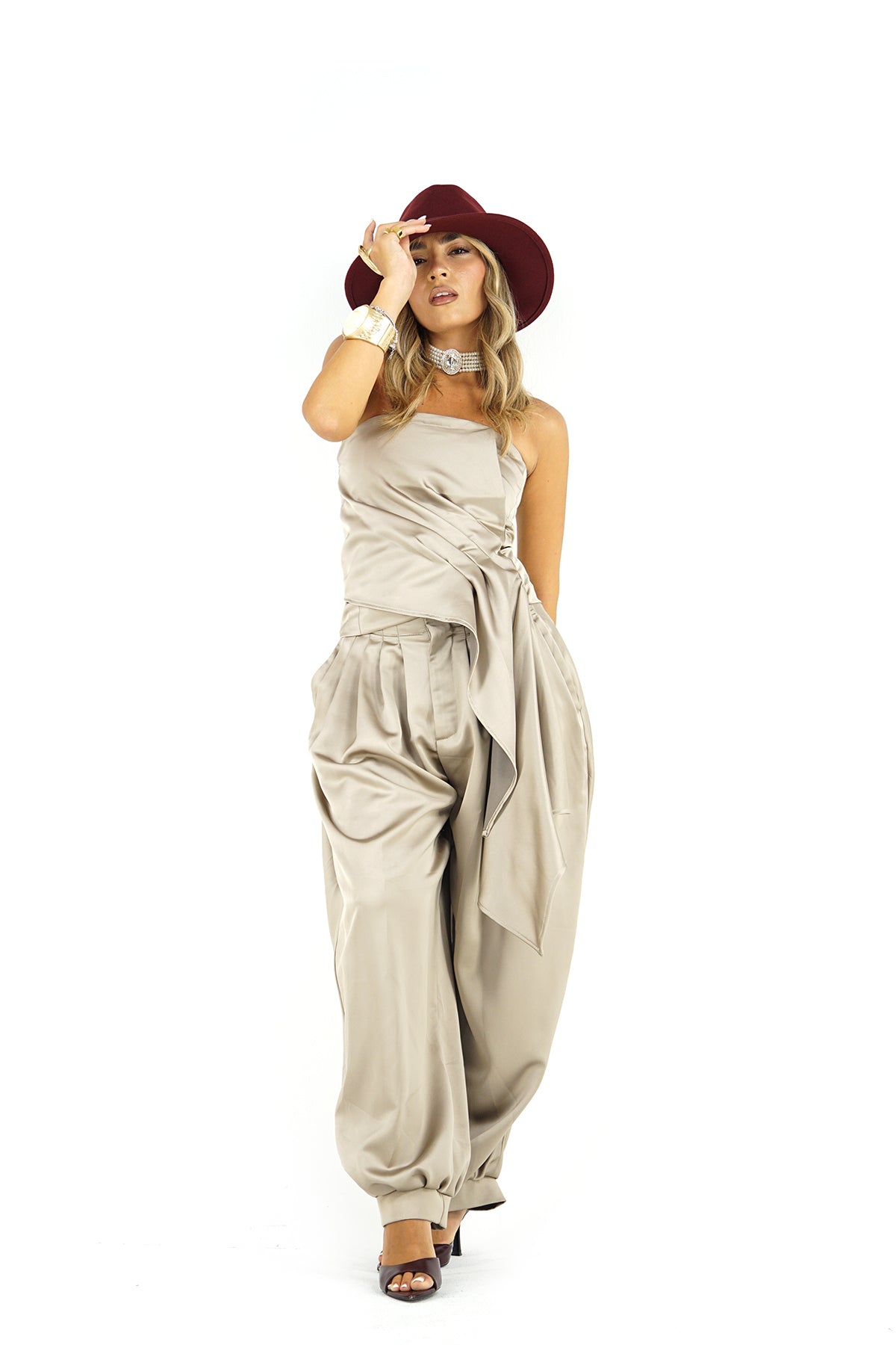 Top bustino a fascia satin beige drappeggiato taglia unica