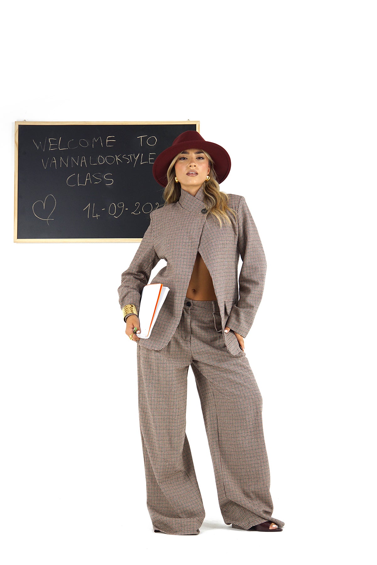 Completo Due Pezzi Donna in Cotone Micro Quadri con Giacca Asimmetrica e Pantaloni Wide Leg