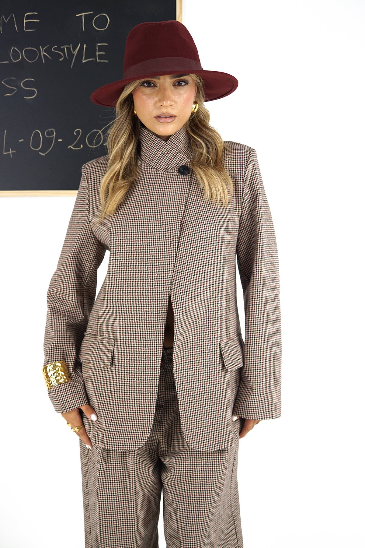 Completo Due Pezzi Donna in Cotone Micro Quadri con Giacca Asimmetrica e Pantaloni Wide Leg
