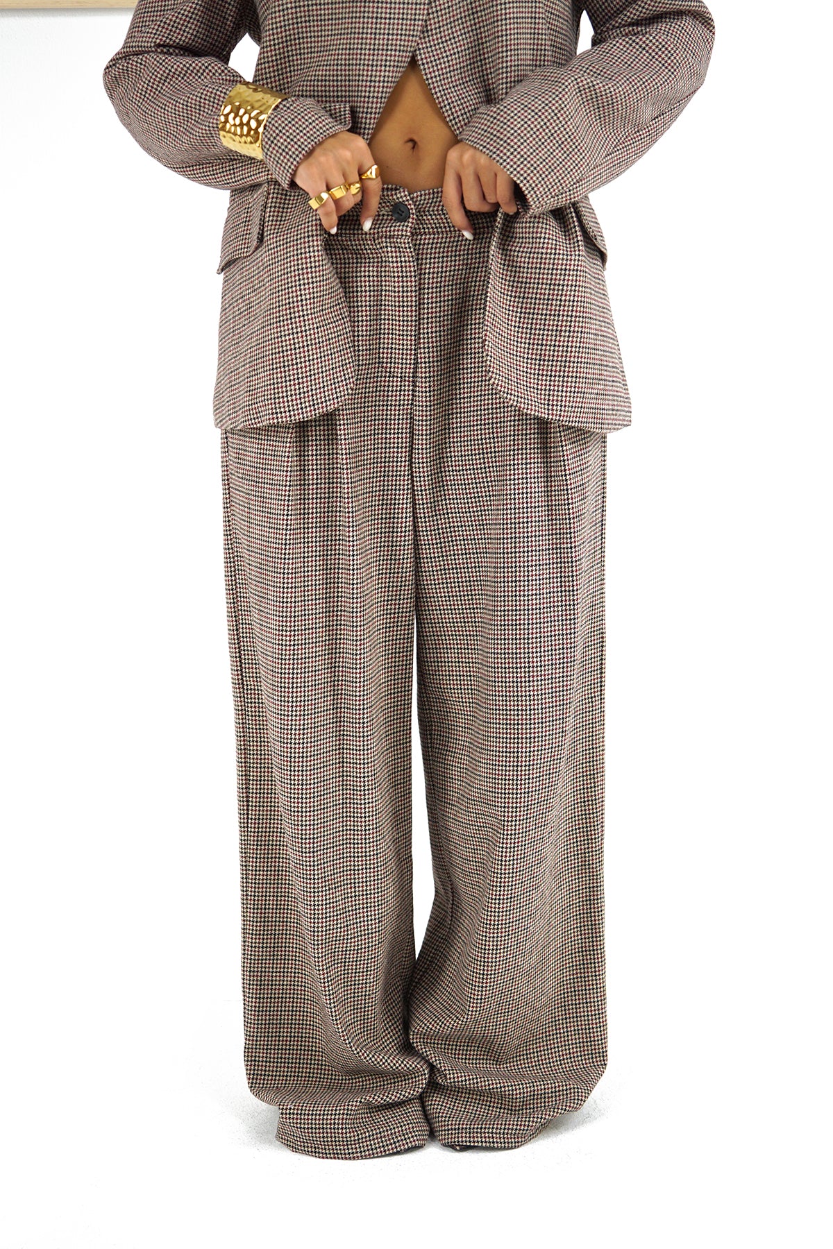 Completo Due Pezzi Donna in Cotone Micro Quadri con Giacca Asimmetrica e Pantaloni Wide Leg