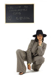 Completo due pezzi in cotone marrone micro quadri con giacca asimmetrica e pantaloni a palazzo